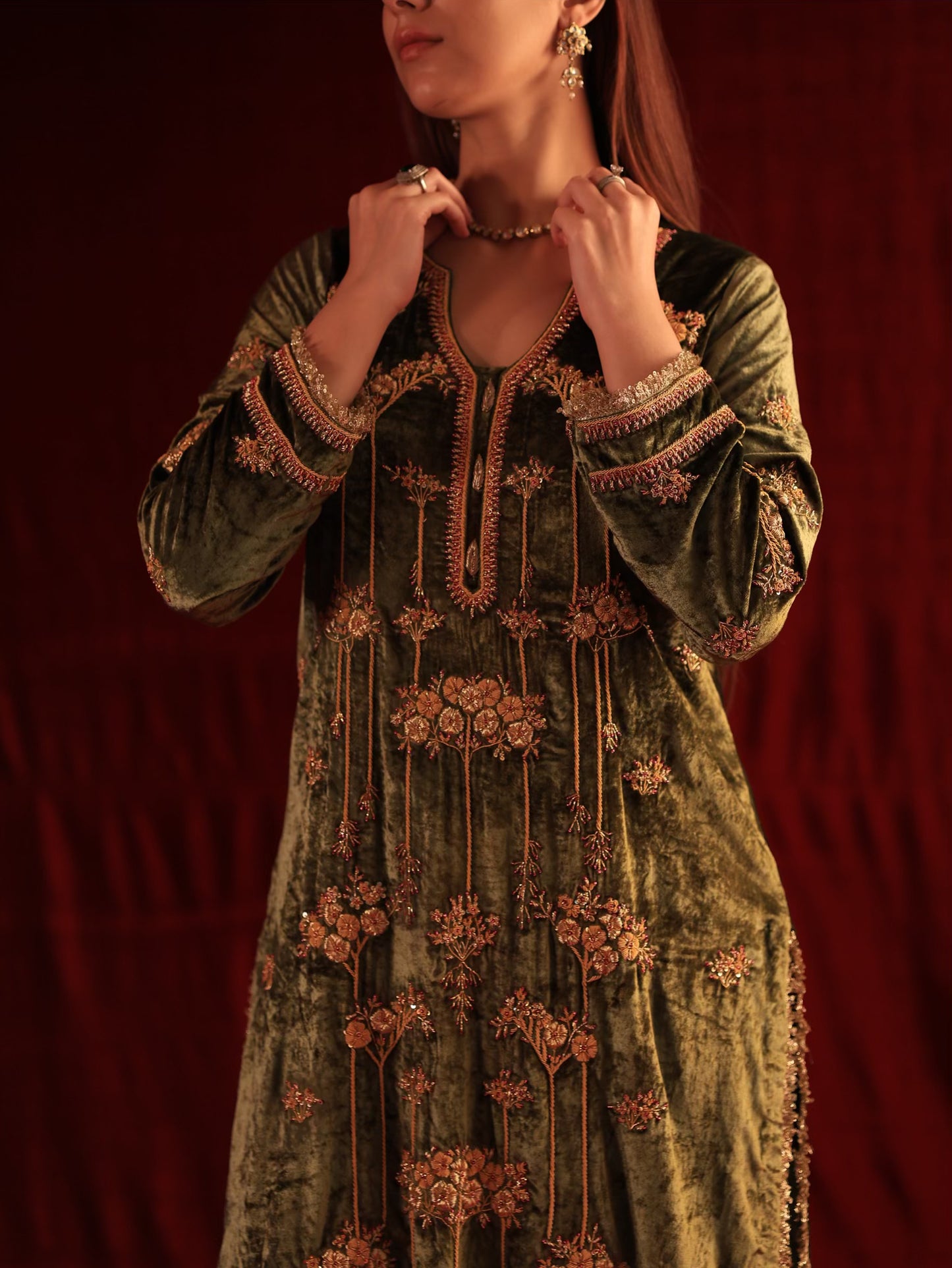Greenish Brown | Saman Velvet Ready To Wear Kurta Set