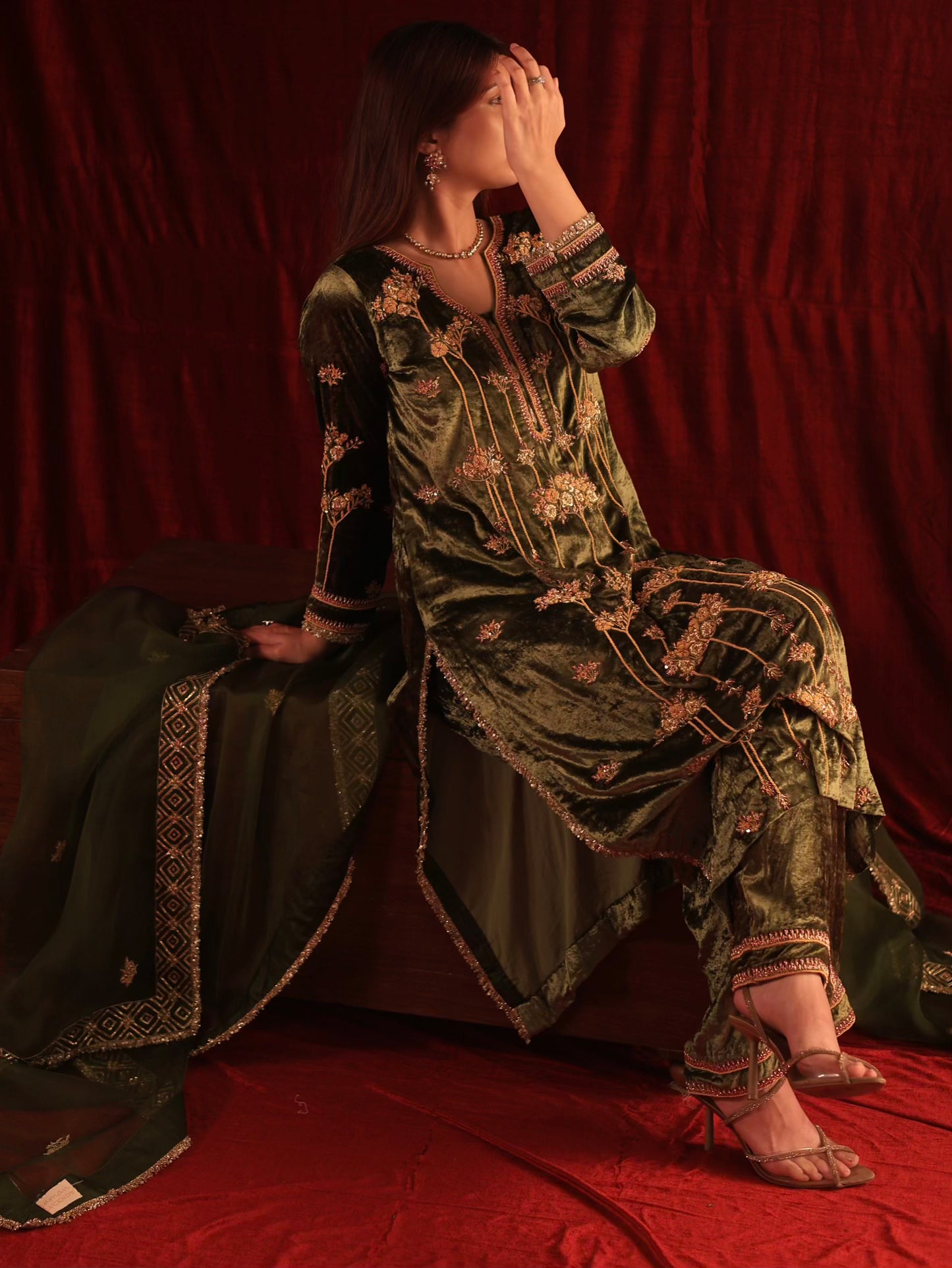 Greenish Brown | Saman Velvet Ready To Wear Kurta Set