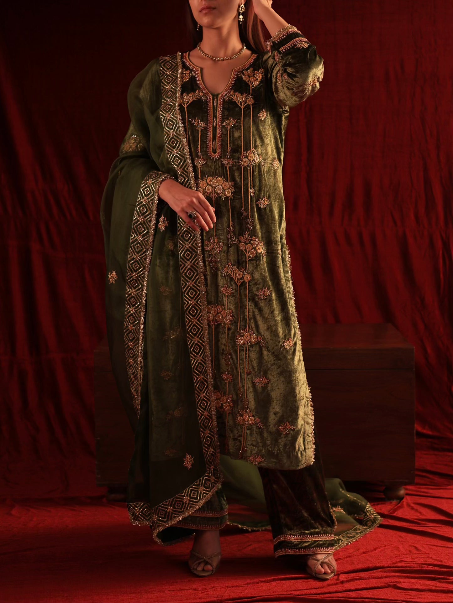 Greenish Brown | Saman Velvet Ready To Wear Kurta Set