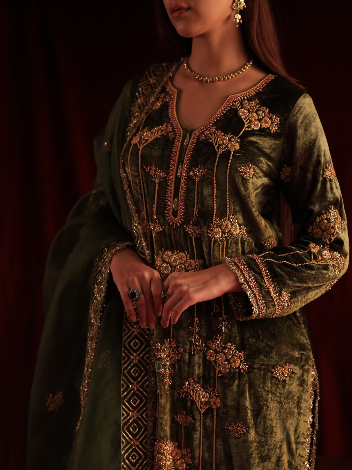 Greenish Brown | Saman Velvet Ready To Wear Kurta Set