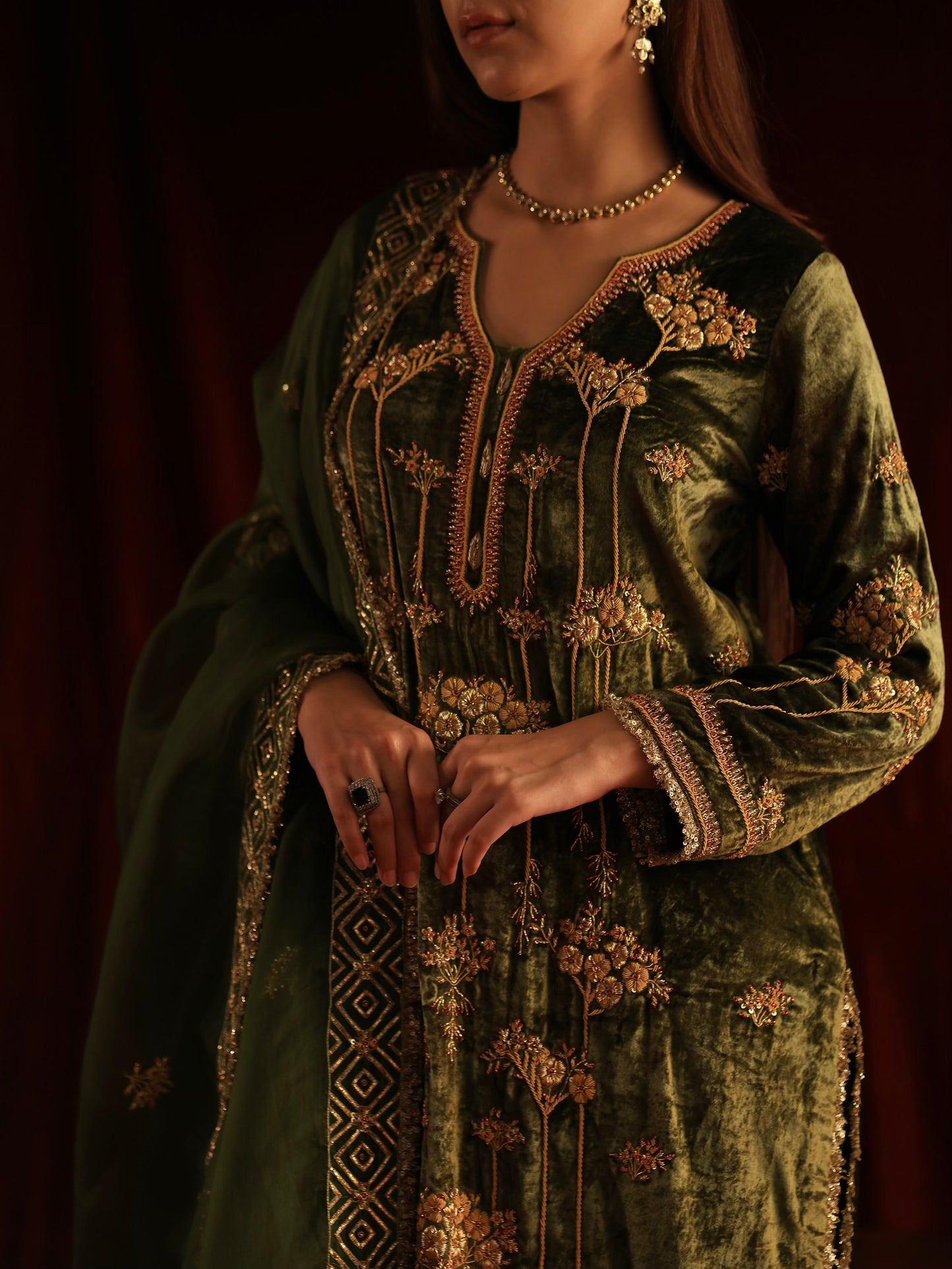Greenish Brown | Saman Velvet Ready To Wear Kurta Set