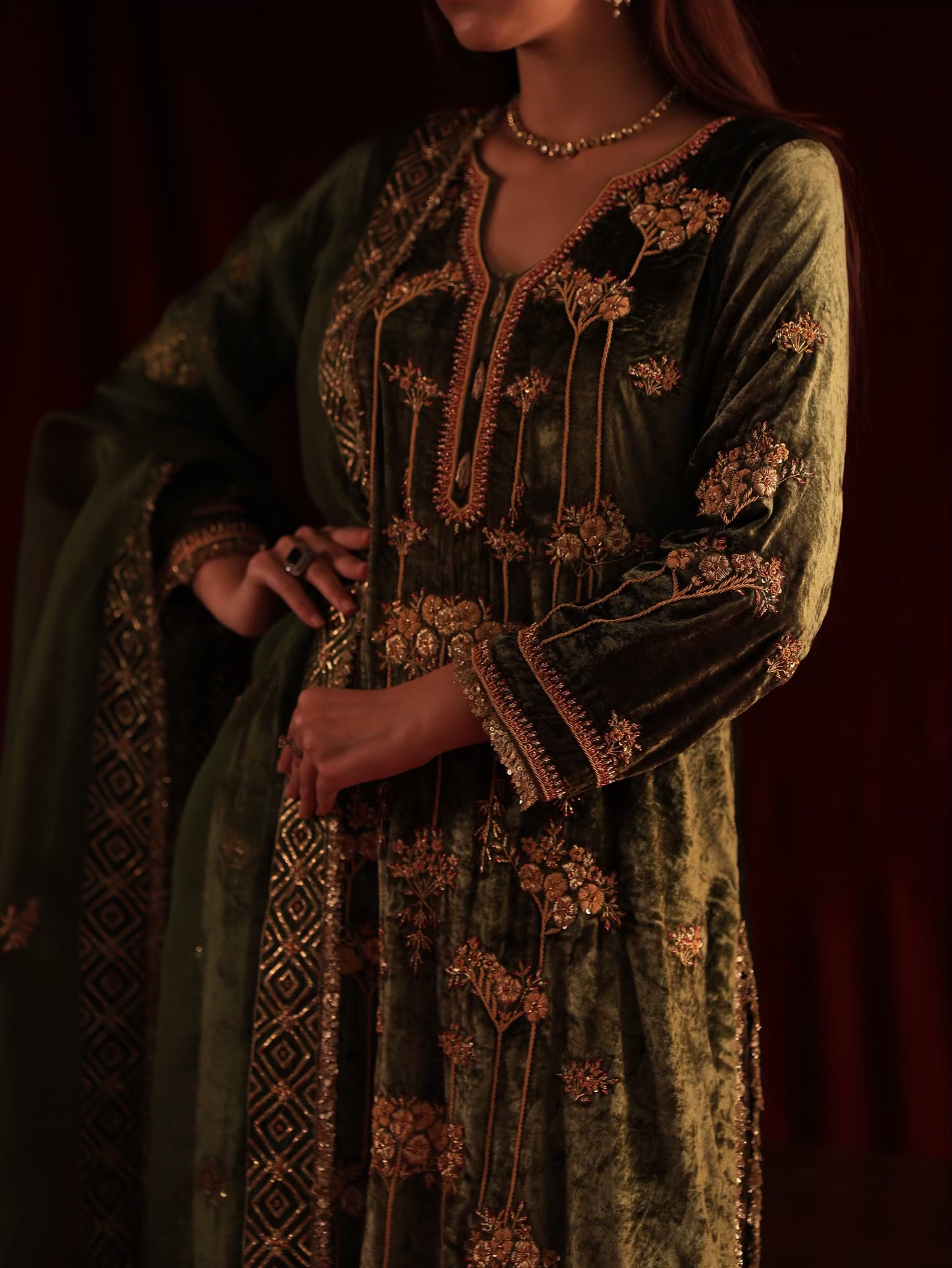 Greenish Brown | Saman Velvet Ready To Wear Kurta Set