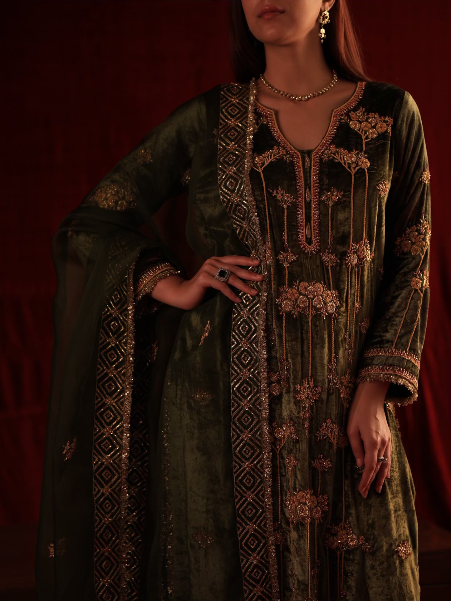 Greenish Brown | Saman Velvet Ready To Wear Kurta Set
