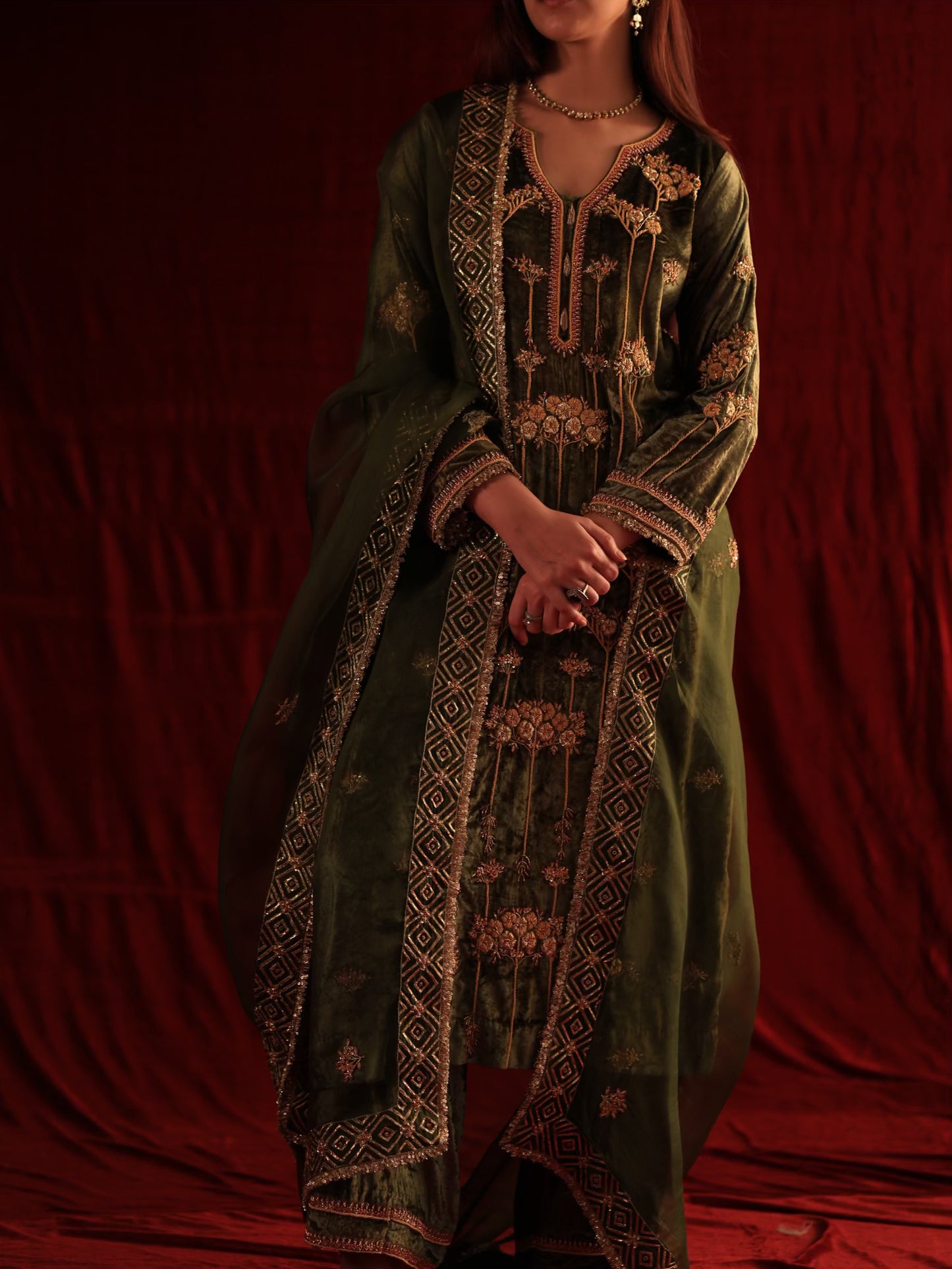Greenish Brown | Saman Velvet Ready To Wear Kurta Set