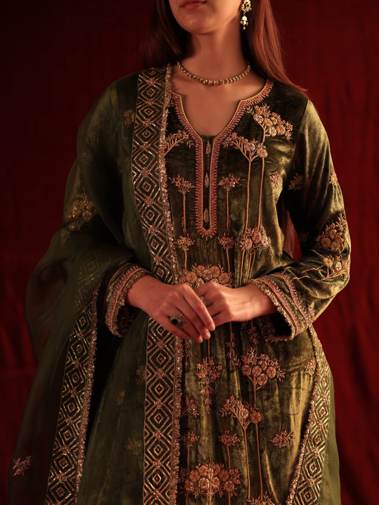 Greenish Brown | Saman Velvet Ready To Wear Kurta Set