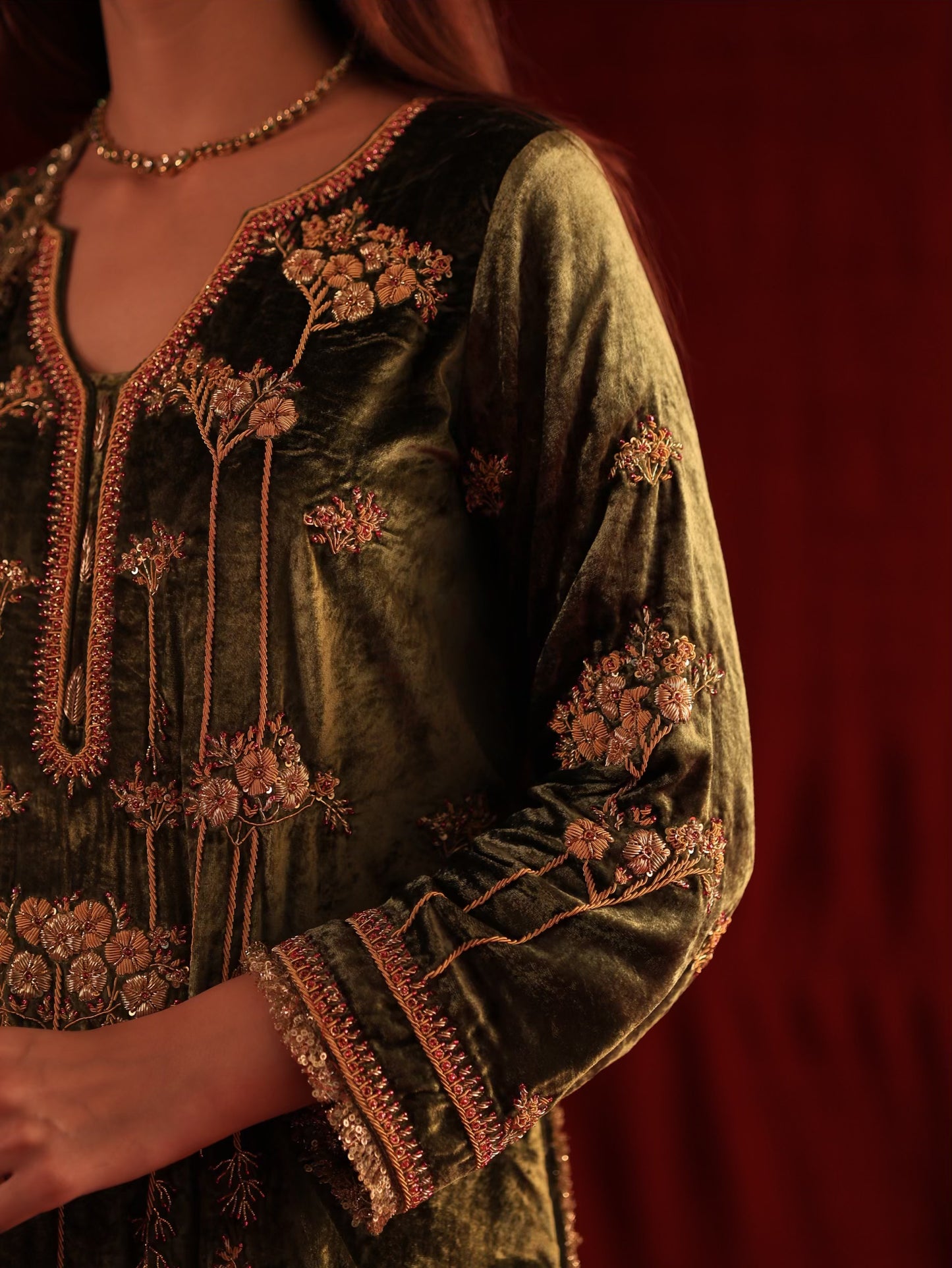 Greenish Brown | Saman Velvet Ready To Wear Kurta Set