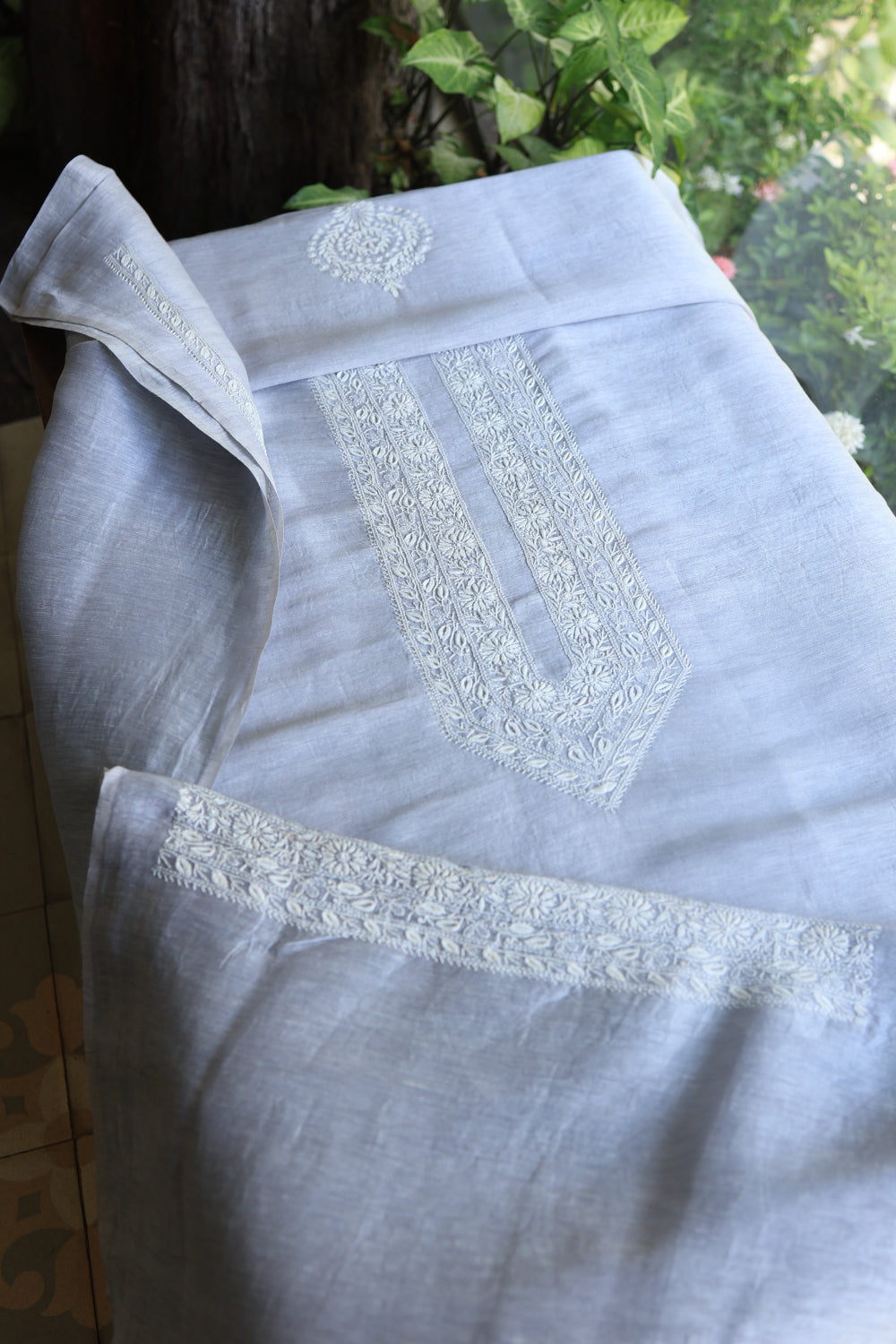 Grey Blue Linen Chikankari Unstitched Men's Kurtas Fabric