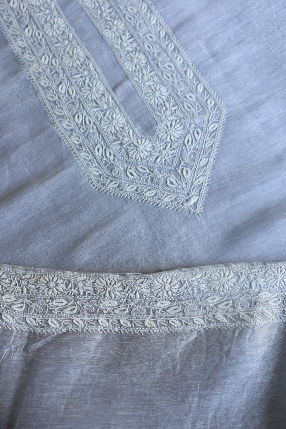 Grey Blue Linen Chikankari Unstitched Men's Kurtas Fabric