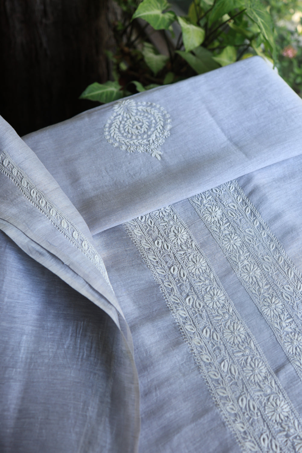 Grey Blue Linen Chikankari Unstitched Men's Kurtas Fabric