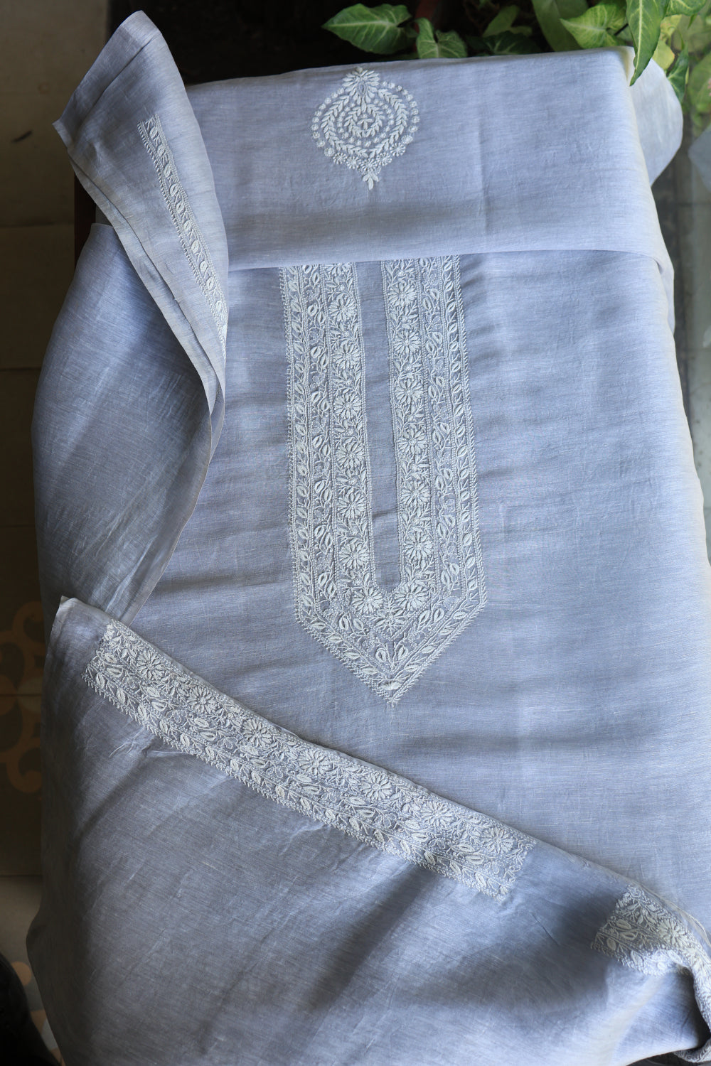 Grey Blue Linen Chikankari Unstitched Men's Kurtas Fabric