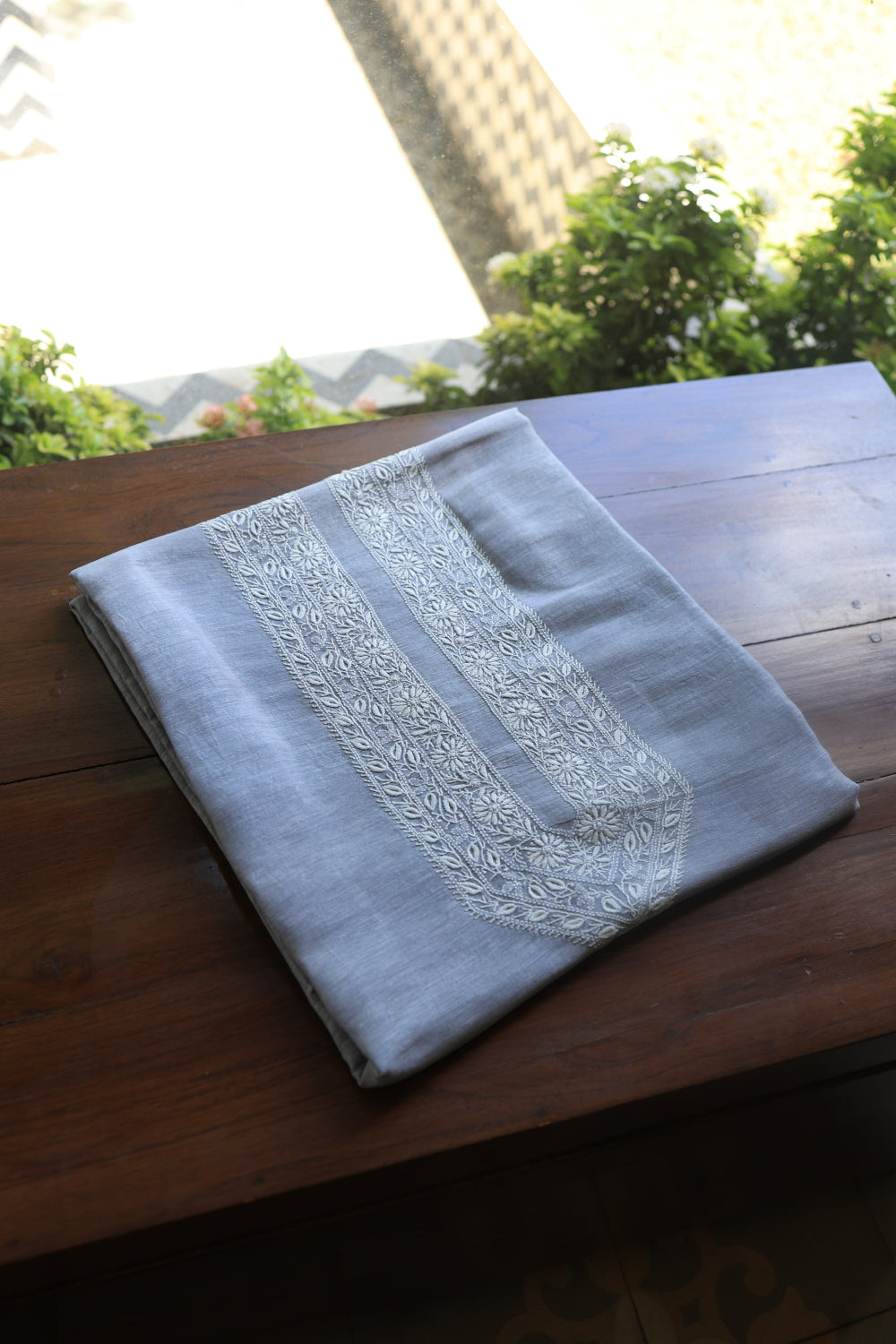Grey Blue Linen Chikankari Unstitched Men's Kurtas Fabric