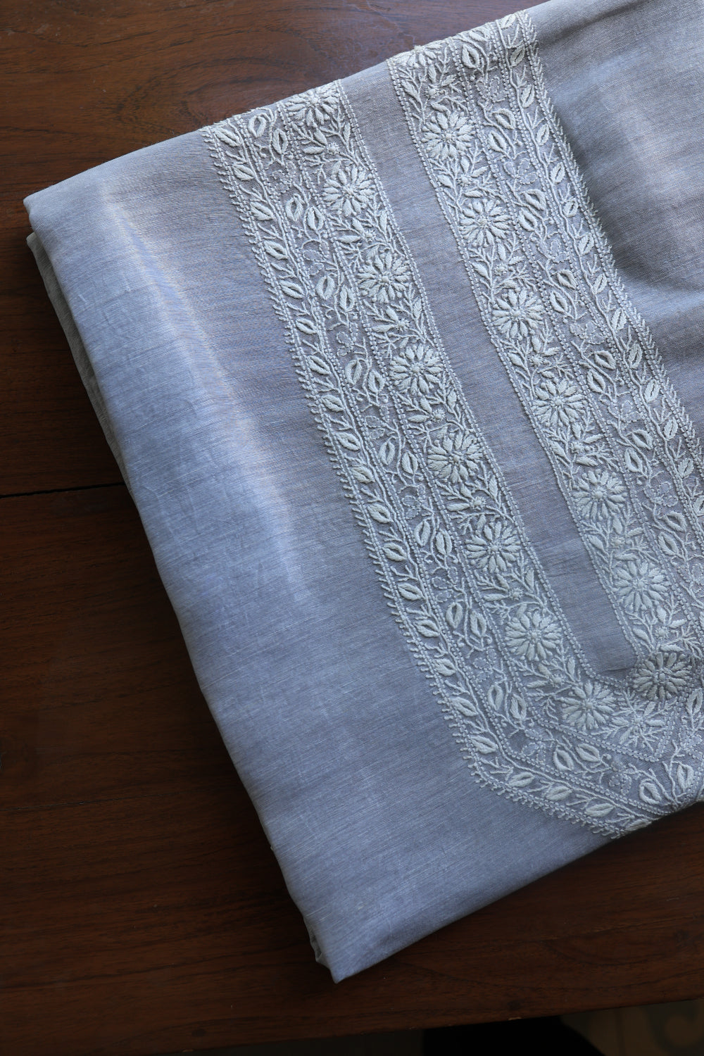 Grey Blue Linen Chikankari Unstitched Men's Kurtas Fabric