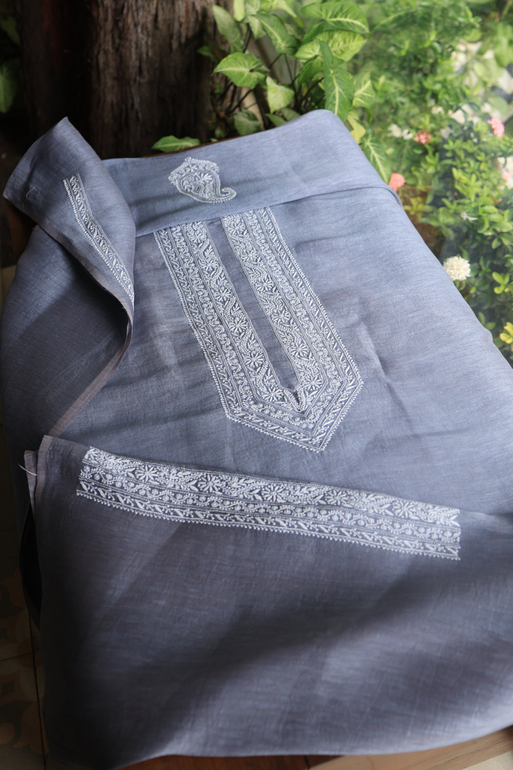 Grey Linen Chikankari Unstitched Men's Kurtas Fabric