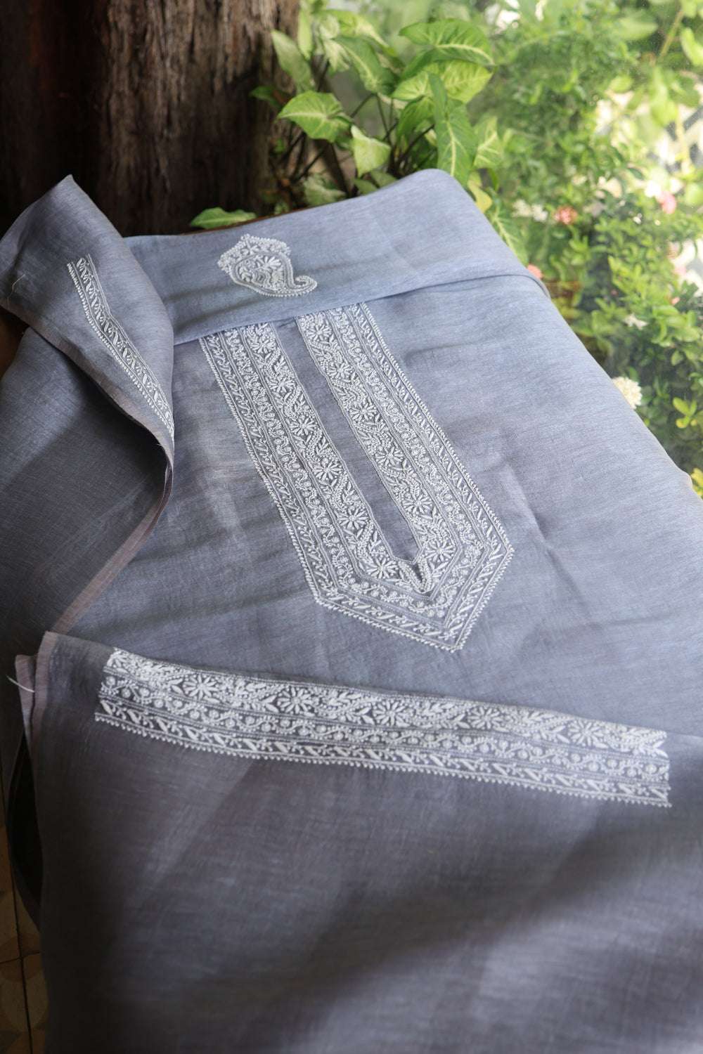 Grey Linen Chikankari Unstitched Men's Kurtas Fabric