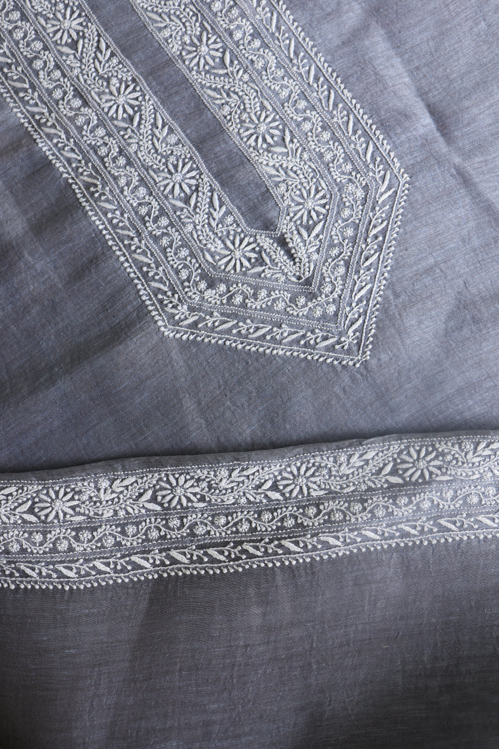 Grey Linen Chikankari Unstitched Men's Kurtas Fabric