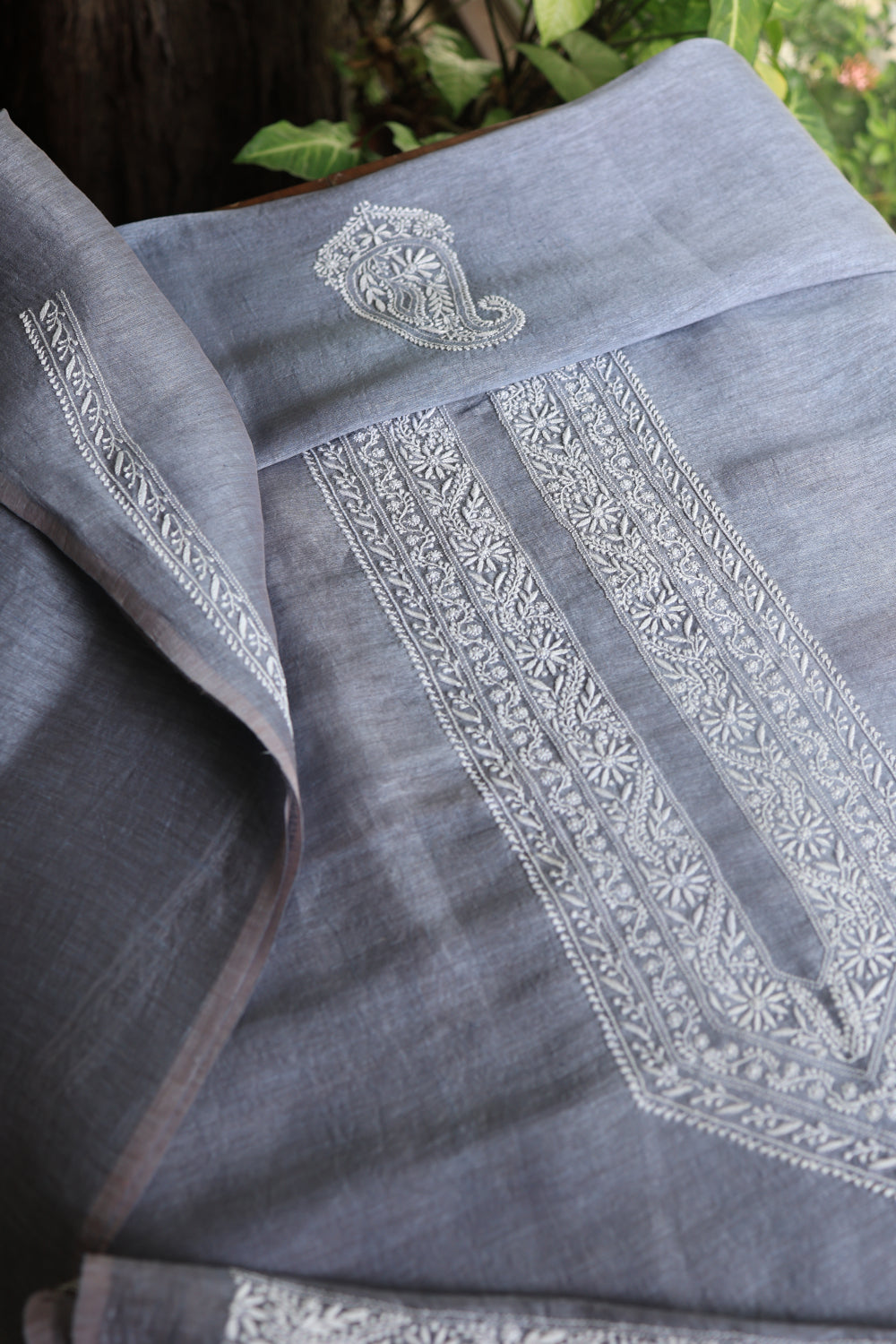 Grey Linen Chikankari Unstitched Men's Kurtas Fabric