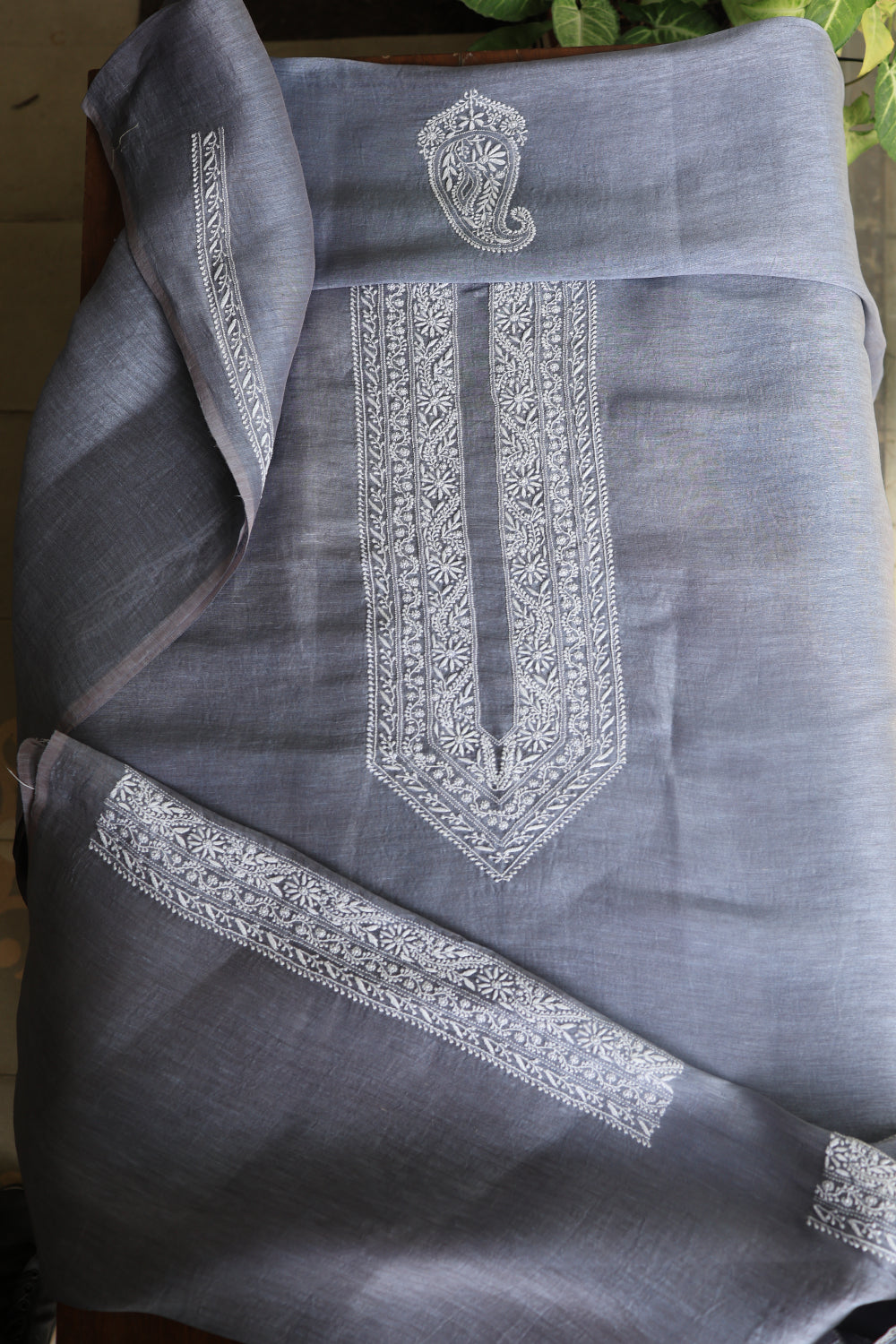 Grey Linen Chikankari Unstitched Men's Kurtas Fabric