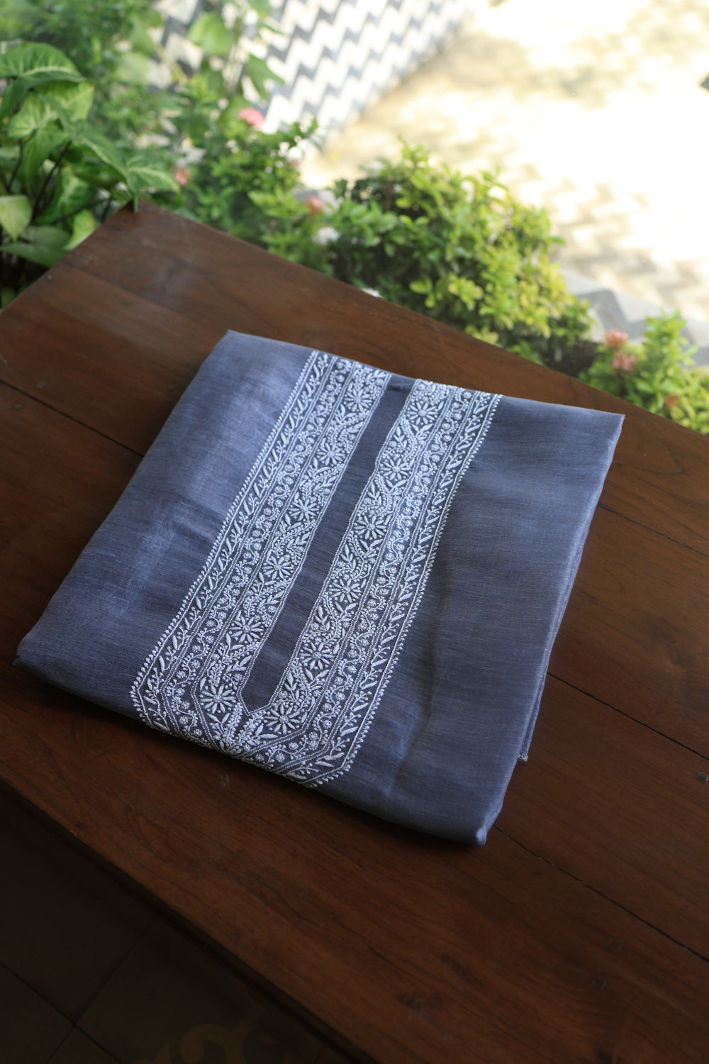 Grey Linen Chikankari Unstitched Men's Kurtas Fabric