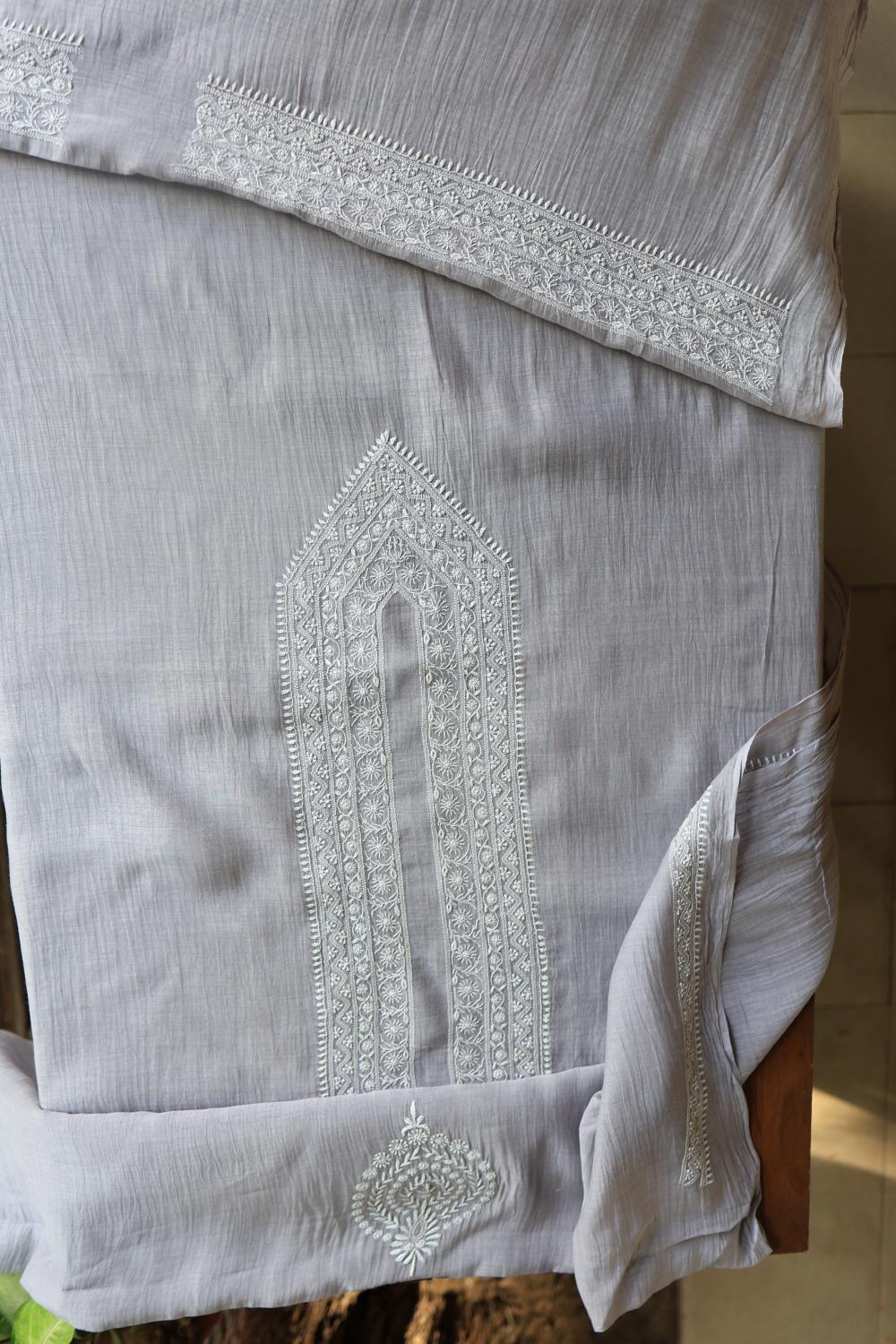 Grey Mulmul Chikankari Unstitched Men's Kurtas Fabric