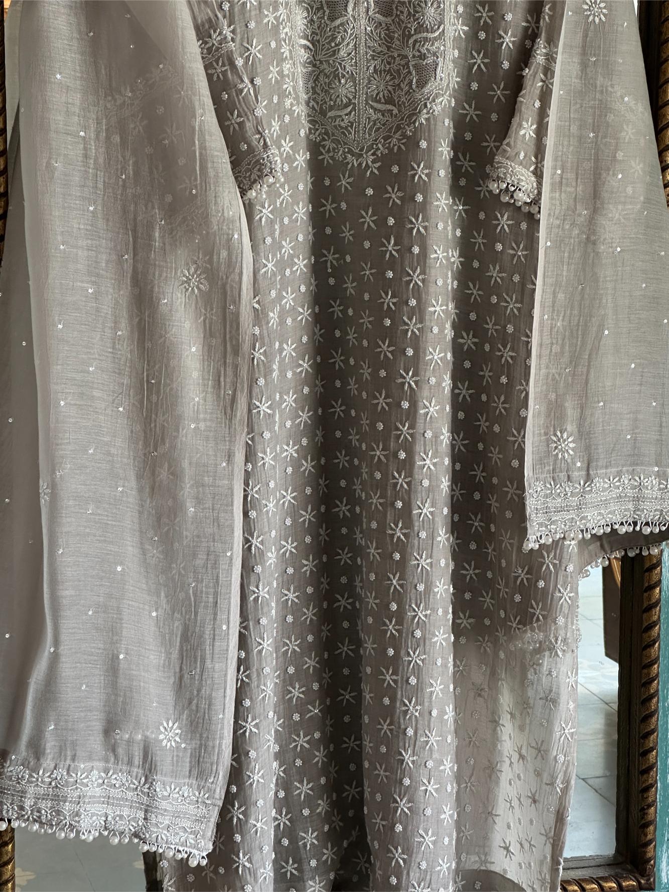 Grey Mulmul Pearl White Chikankari Ready to Wear Kurta Set