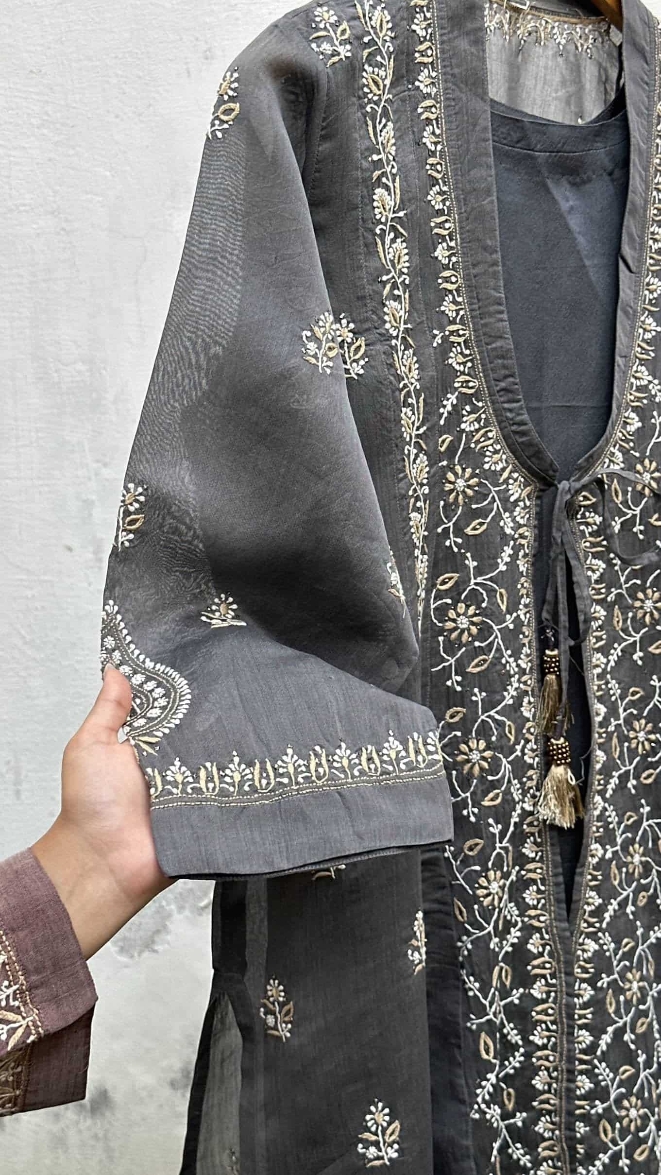 Grey SICO Mal Chikankari Kurta With Mukaish Kamdani – Ready to Wear