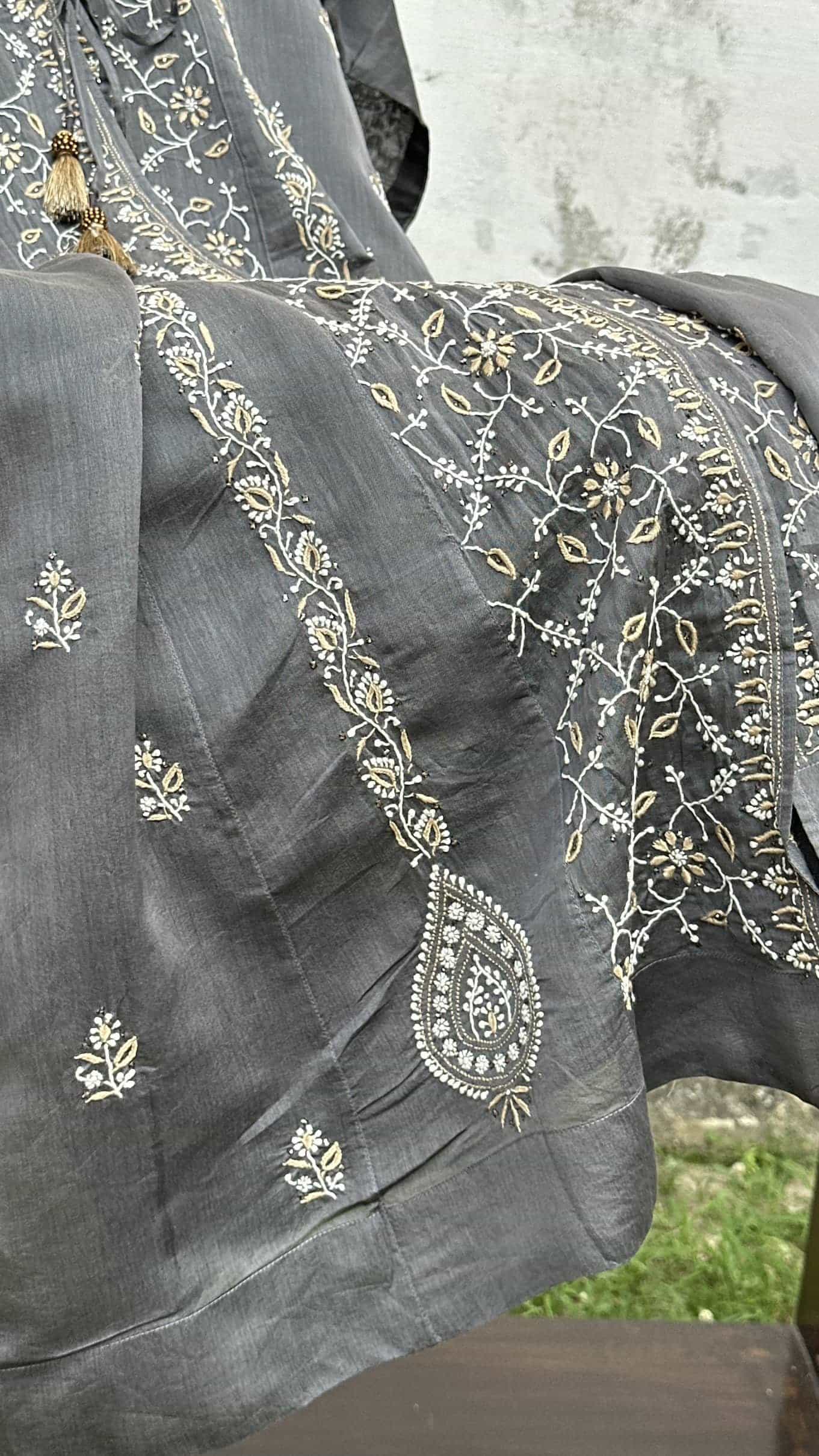 Grey SICO Mal Chikankari Kurta With Mukaish Kamdani – Ready to Wear