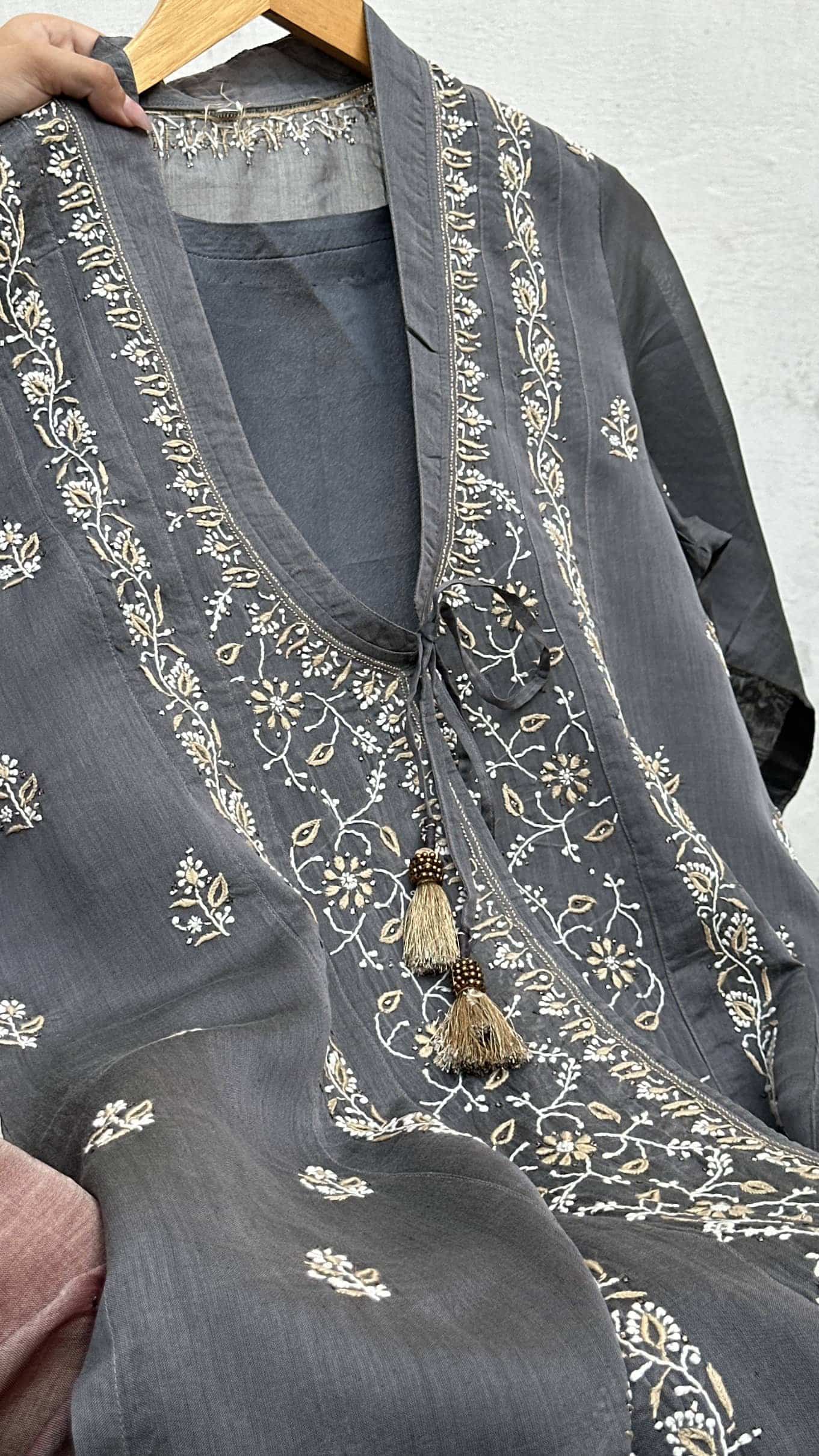 Grey SICO Mal Chikankari Kurta With Mukaish Kamdani – Ready to Wear