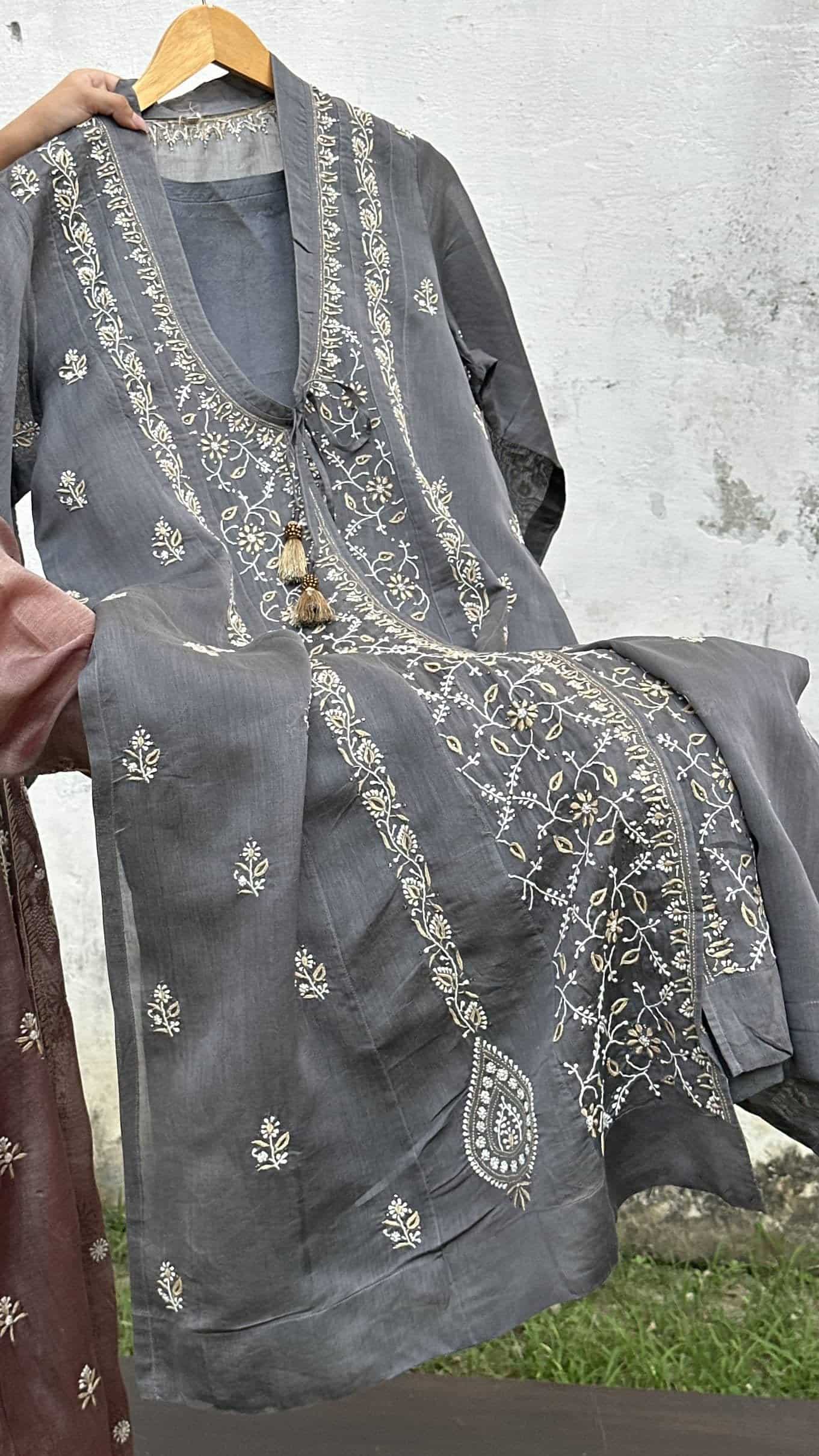 Grey SICO Mal Chikankari Kurta With Mukaish Kamdani – Ready to Wear