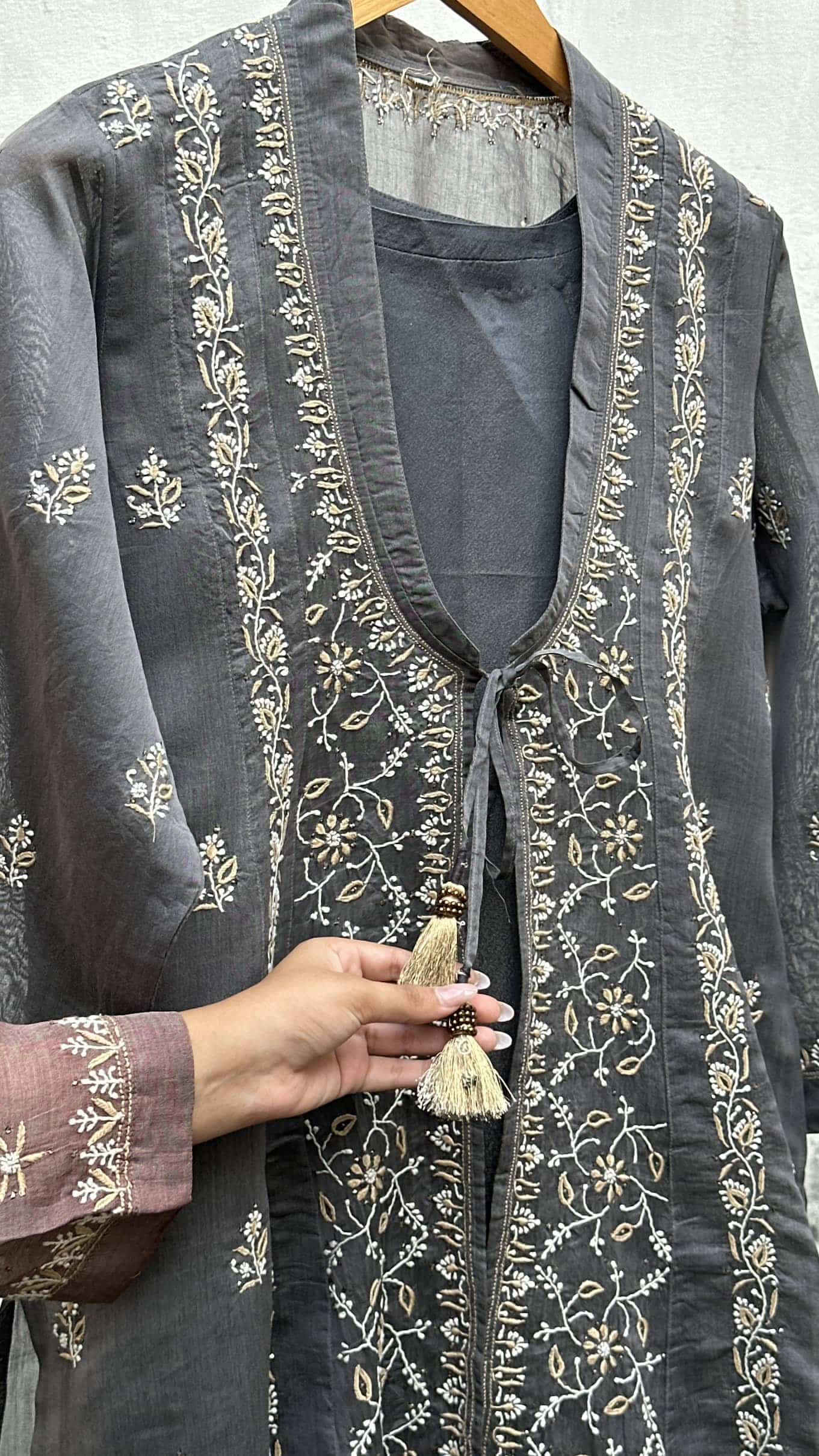 Grey SICO Mal Chikankari Kurta With Mukaish Kamdani – Ready to Wear