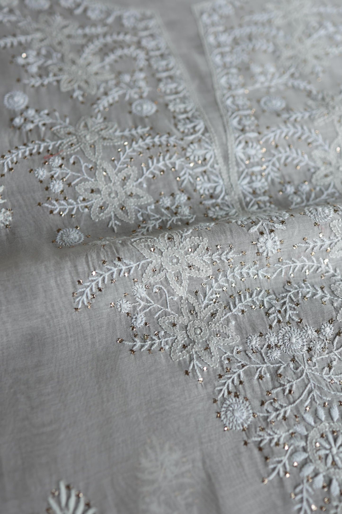 Grey Shade Mal Cotton Fine Chikankari Unstitched Fabric