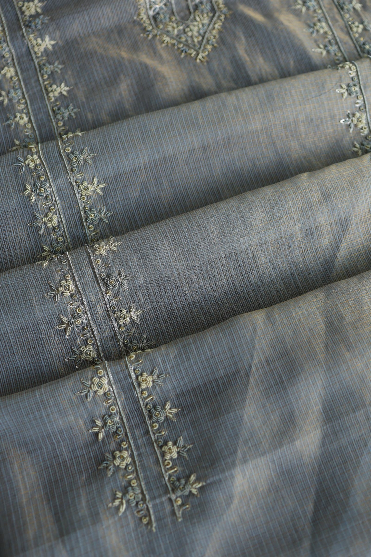 Grey Shade Shade Shade Tissue Kota Chikankari Unstitched Fabric