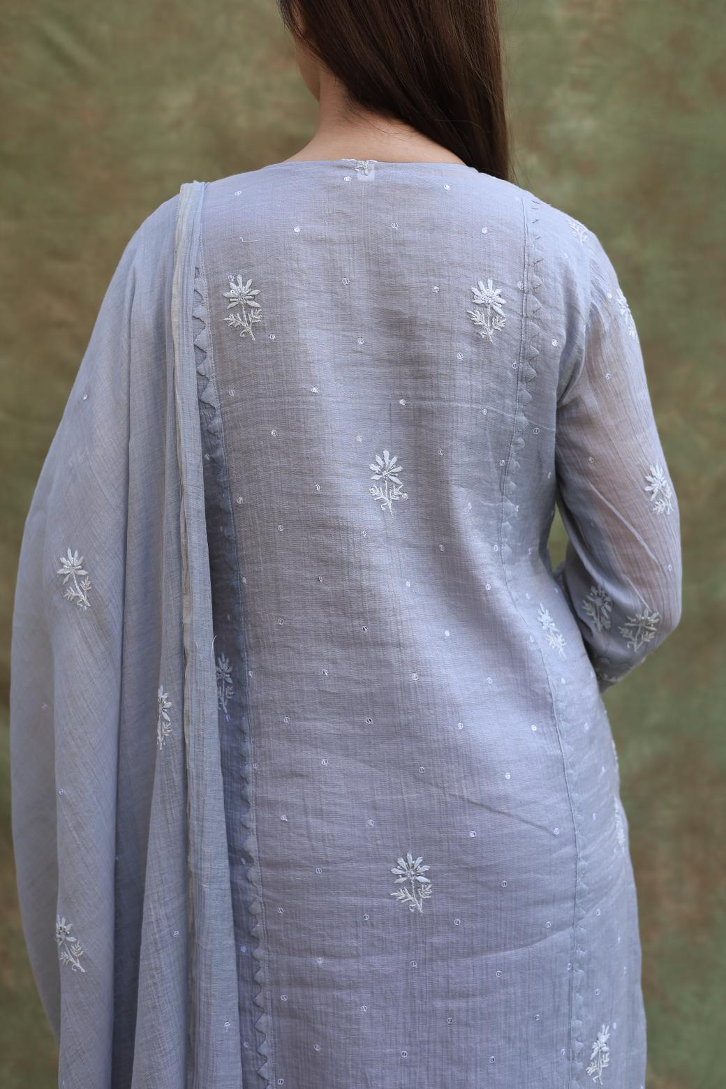 Grey Shade Tissue Silk Chikankari Straight Cut Kurta Dupatta Set