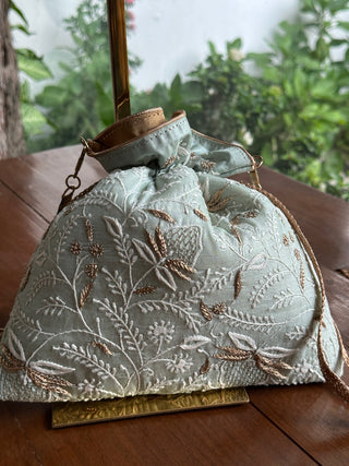 Grey Shade Tussar Silk Chikankari Ari & Kasab Work Potli Bag