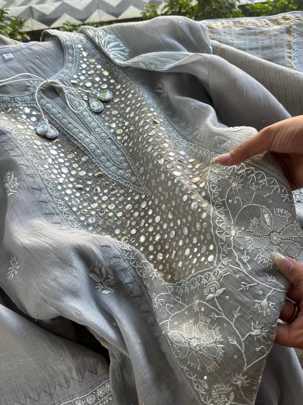 Grey Soft Mulmul Mirror Work X Chikankari Kurta Set