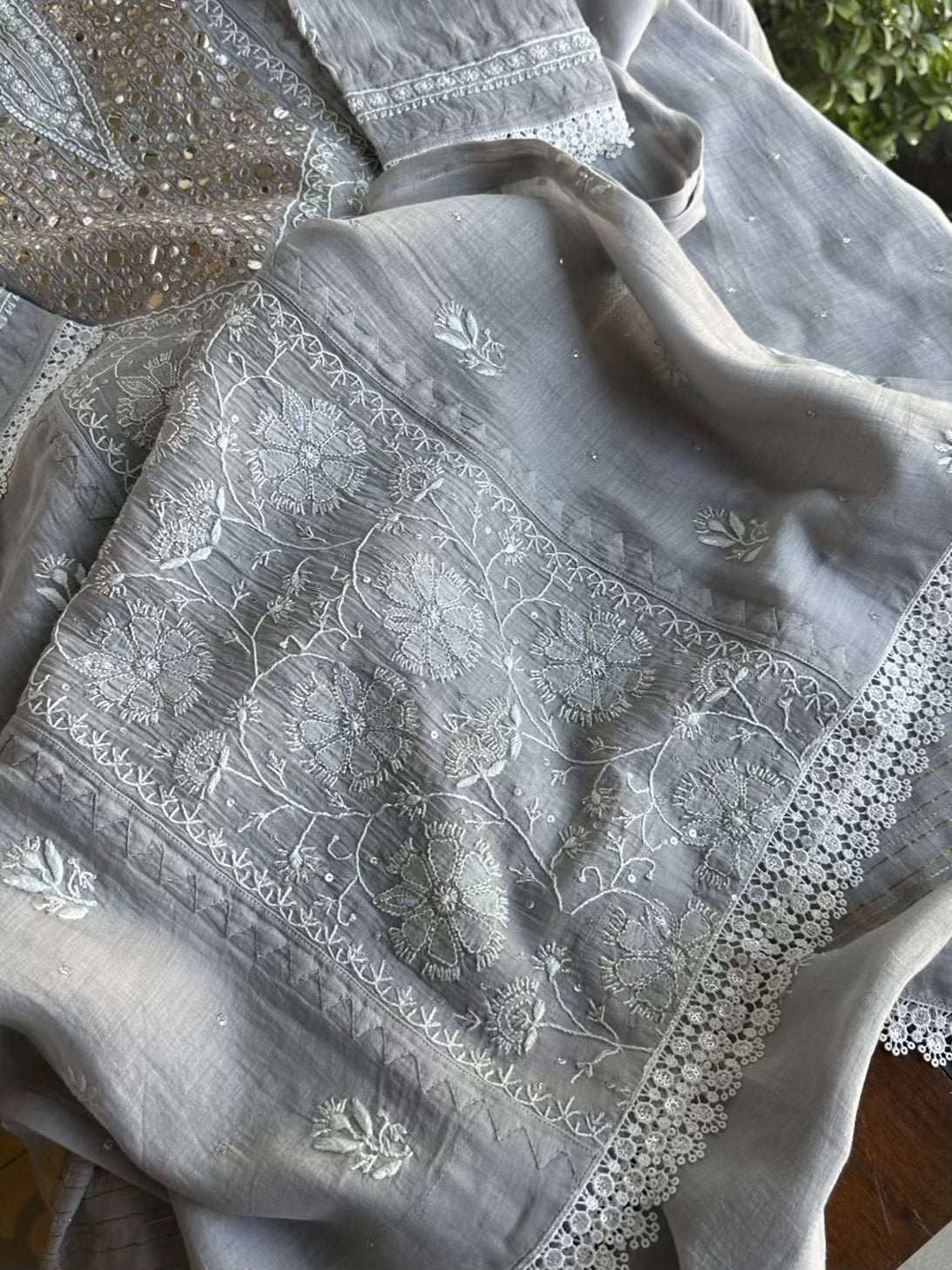 Grey Soft Mulmul Mirror Work X Chikankari Kurta Set