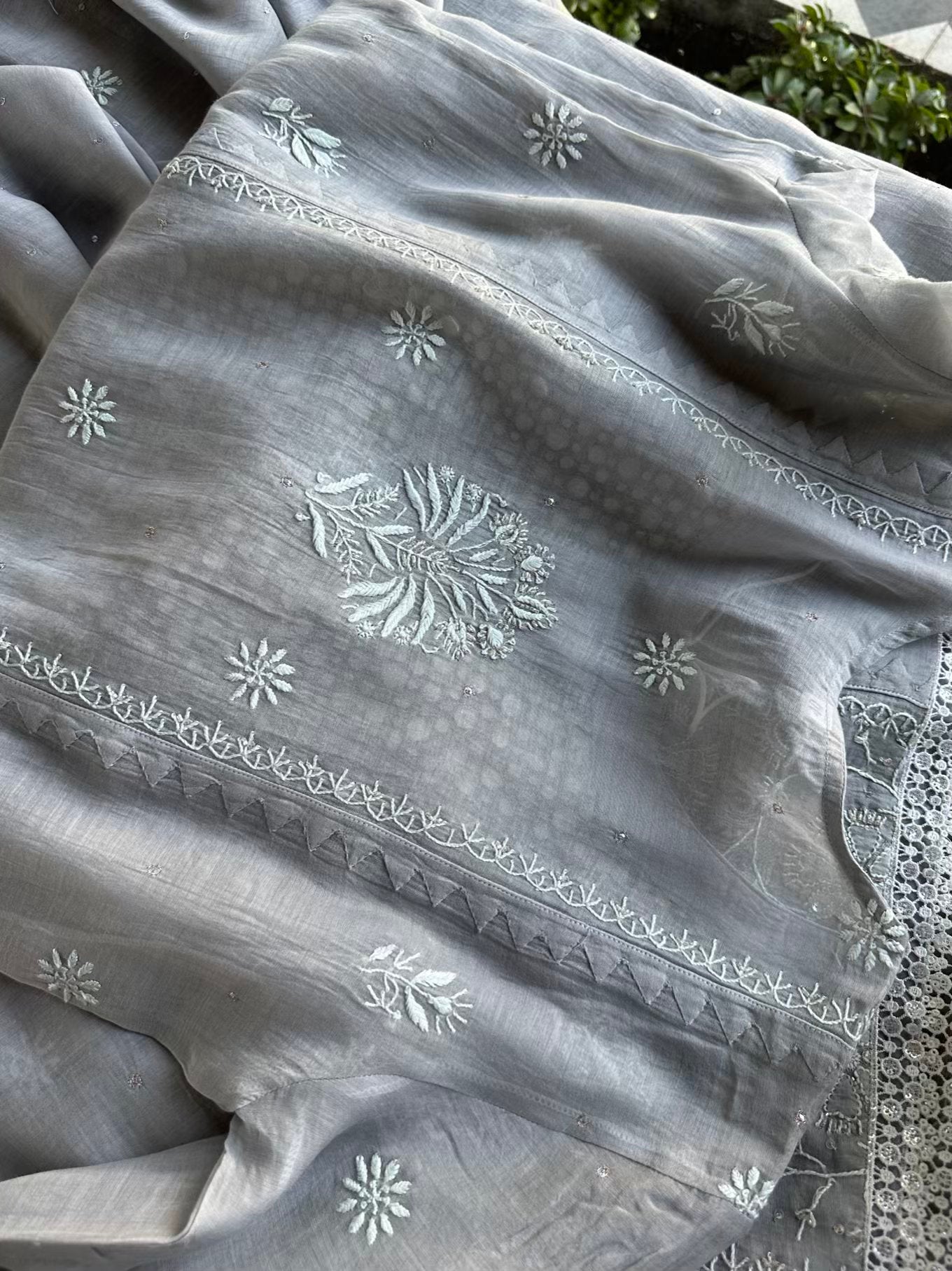 Grey Soft Mulmul Mirror Work X Chikankari Kurta Set