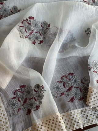 Grey & Maroon Noor Organza Floral Motif Chikankari Dupatta