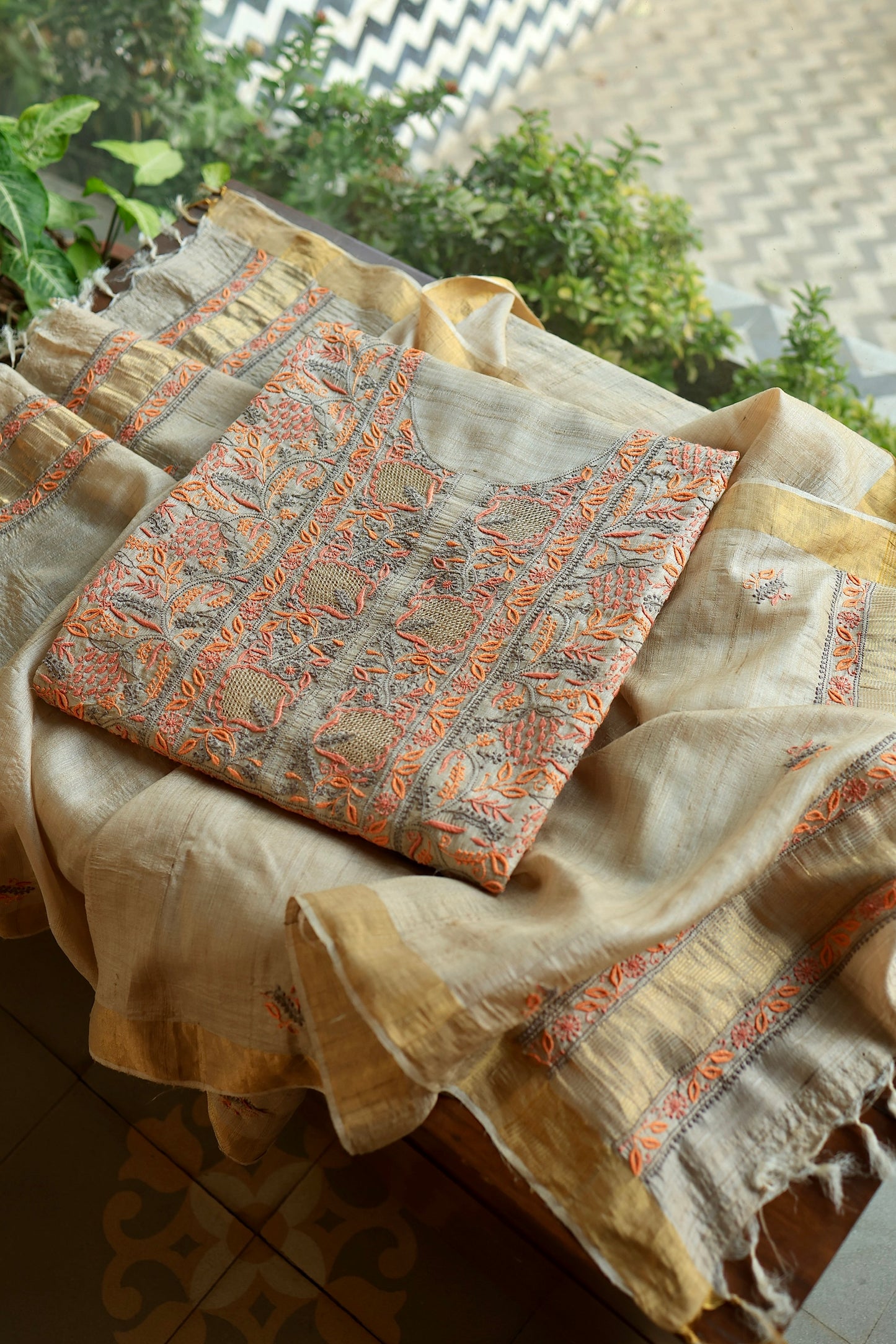 Grey & Orange Natural Shade Tussar Silk Chikankari Fabrics