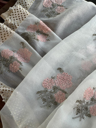 Grey & Peach Noor Organza Floral Motif Chikankari Dupatta