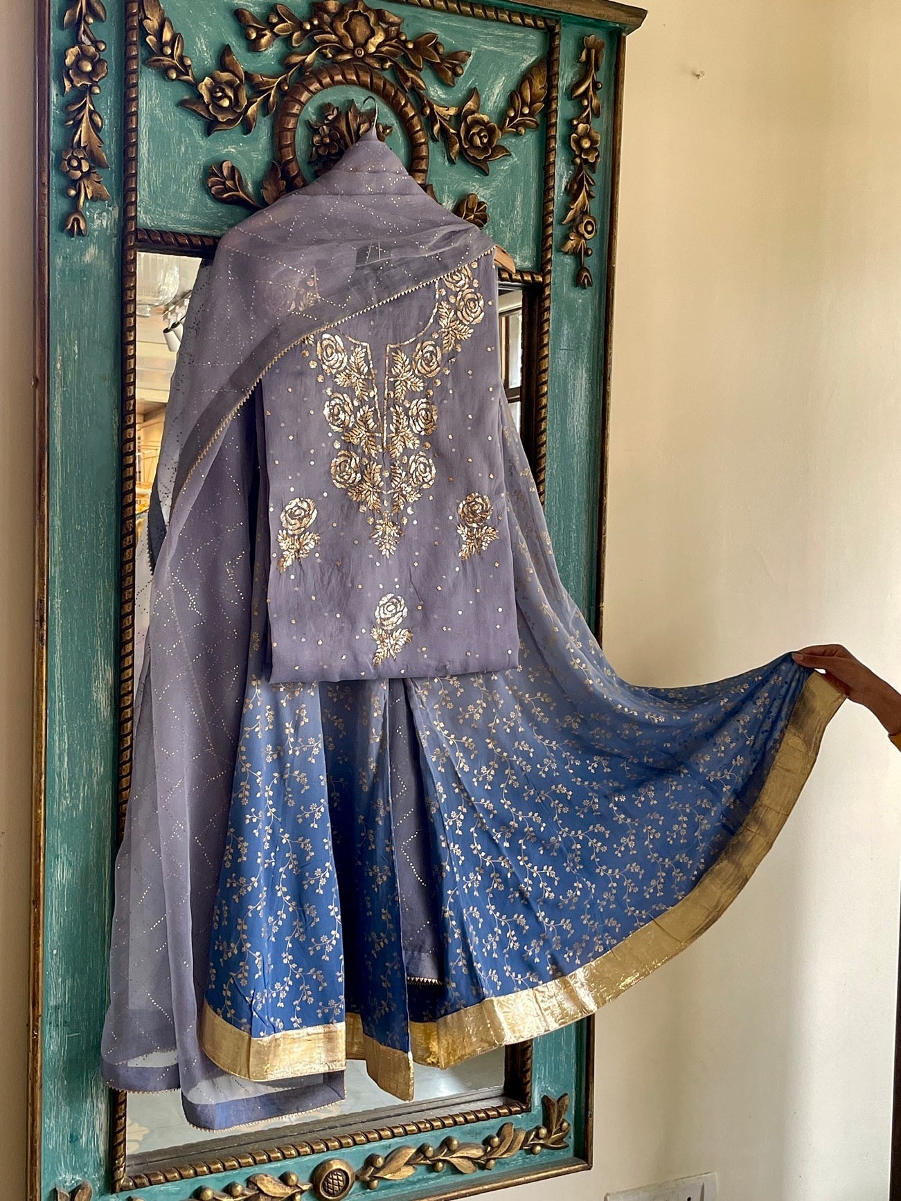 Grey & Powder Blue Ombre Foil Print Organza Chikankari Ready to Wear Sharara Set