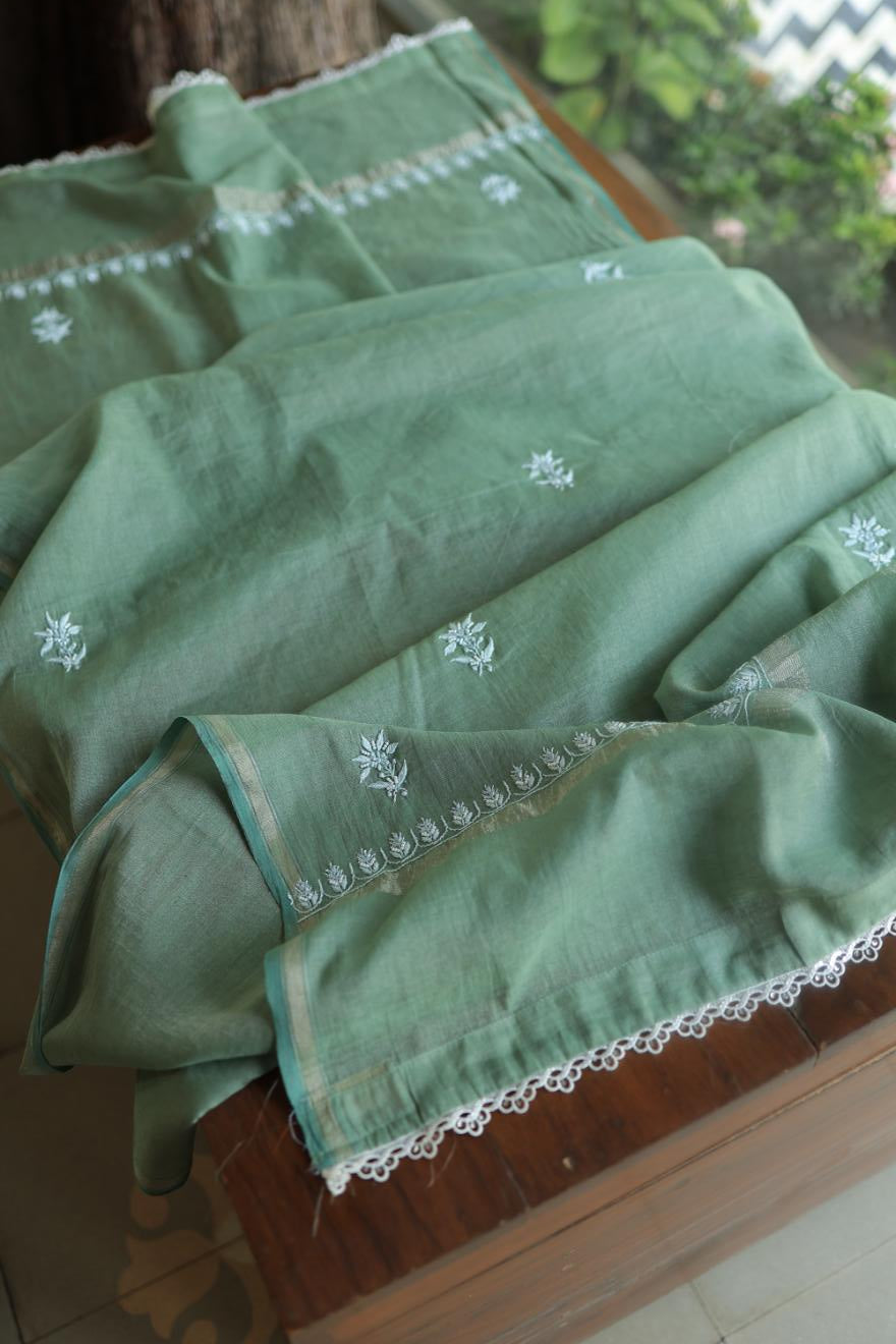 Greyish Teal Tissue Silk Chikankari Unstitched Fabric