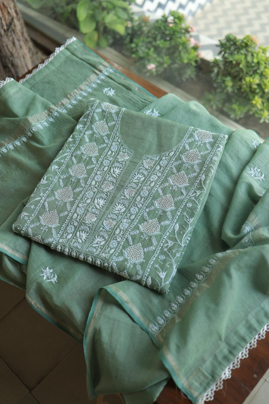Greyish Teal Tissue Silk Chikankari Unstitched Fabric