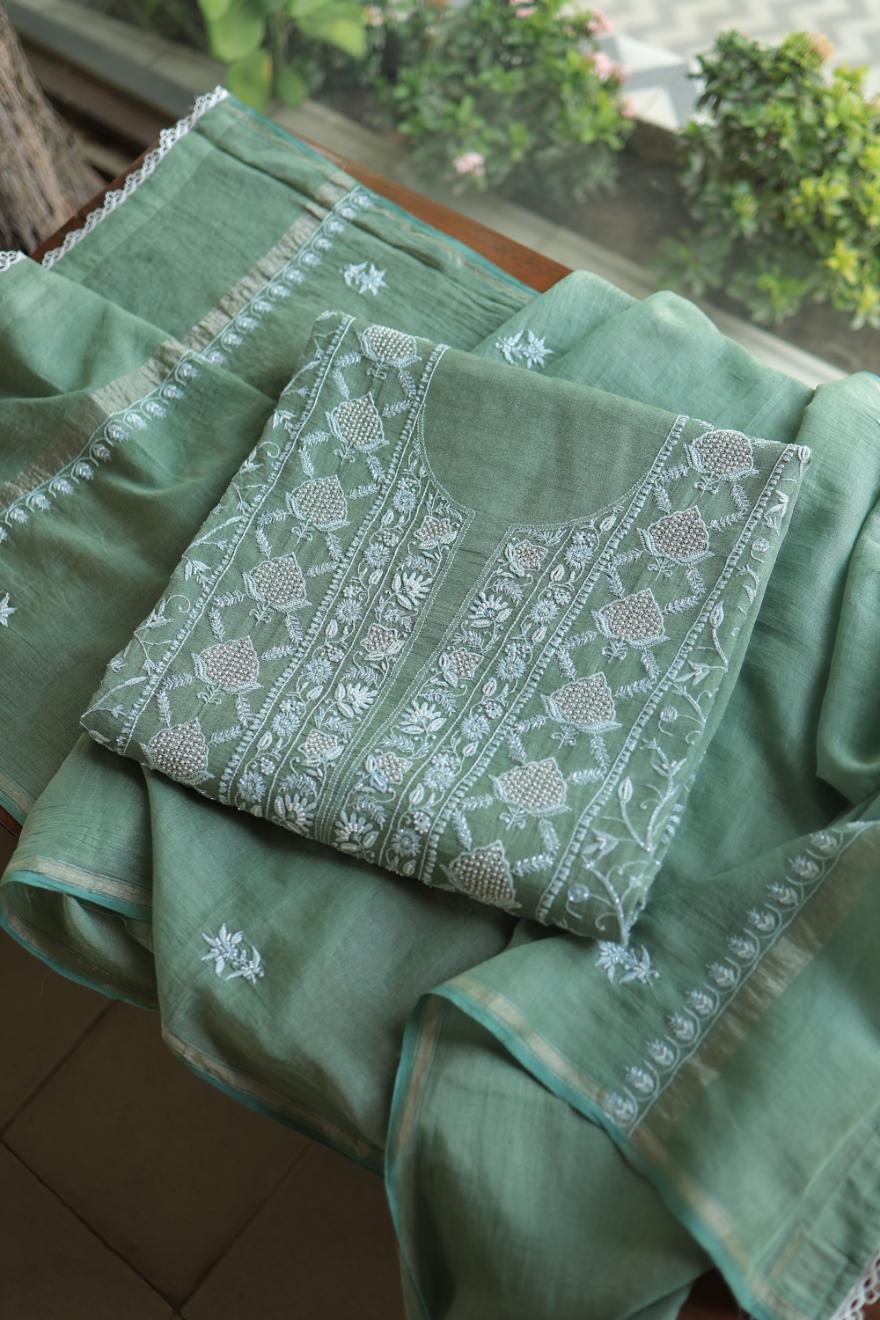 Greyish Teal Tissue Silk Chikankari Unstitched Fabric