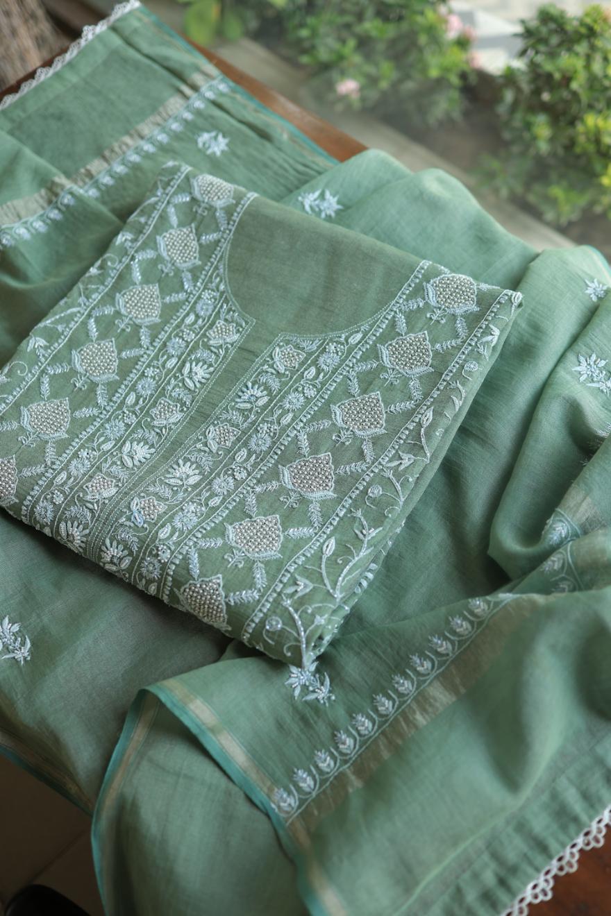 Greyish Teal Tissue Silk Chikankari Unstitched Fabric