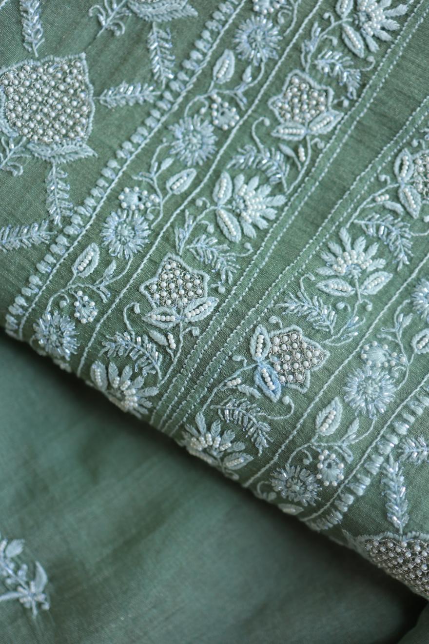 Greyish Teal Tissue Silk Chikankari Unstitched Fabric