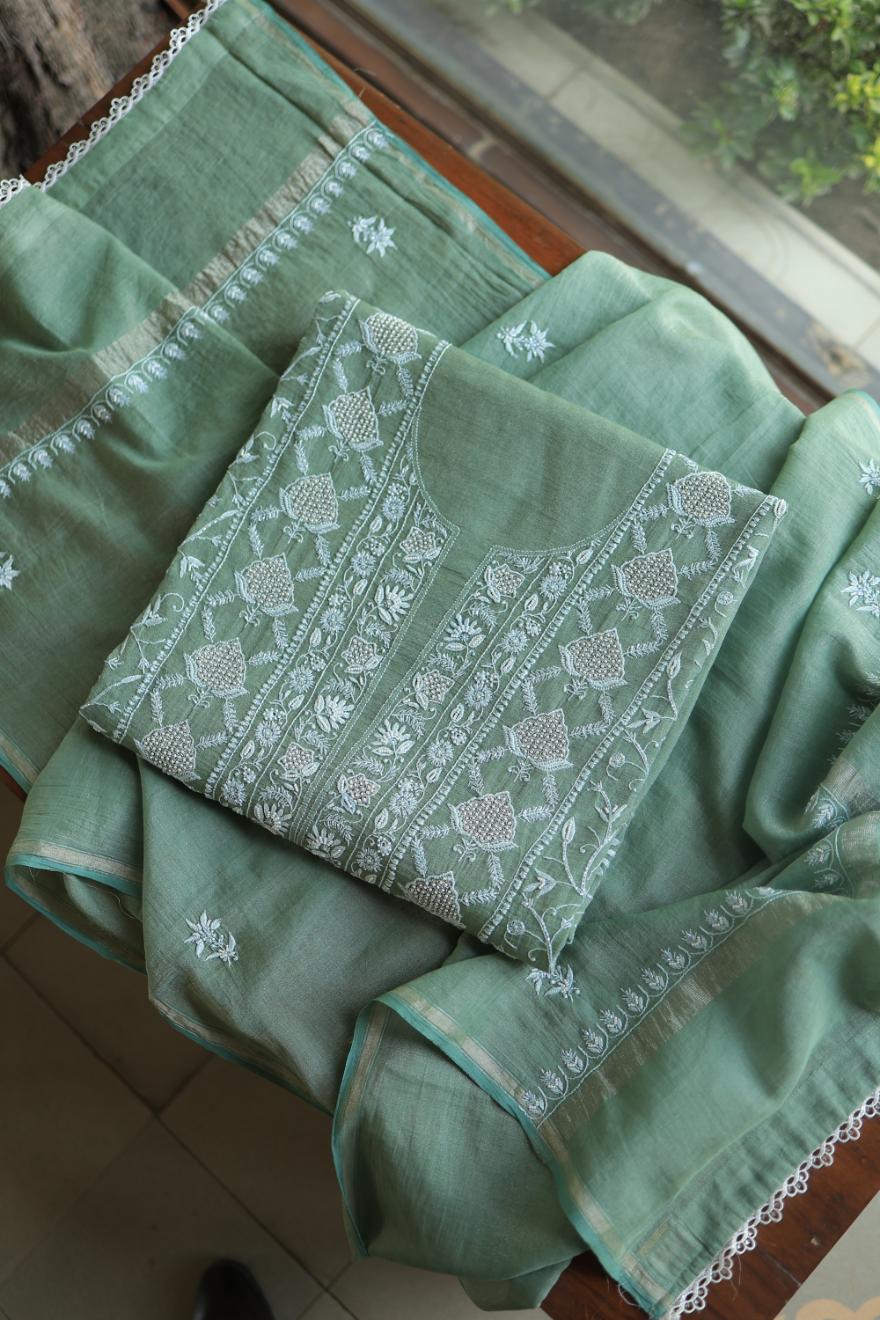 Greyish Teal Tissue Silk Chikankari Unstitched Fabric