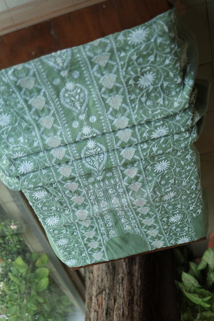 Greyish Teal Tissue Silk Chikankari Unstitched Fabric