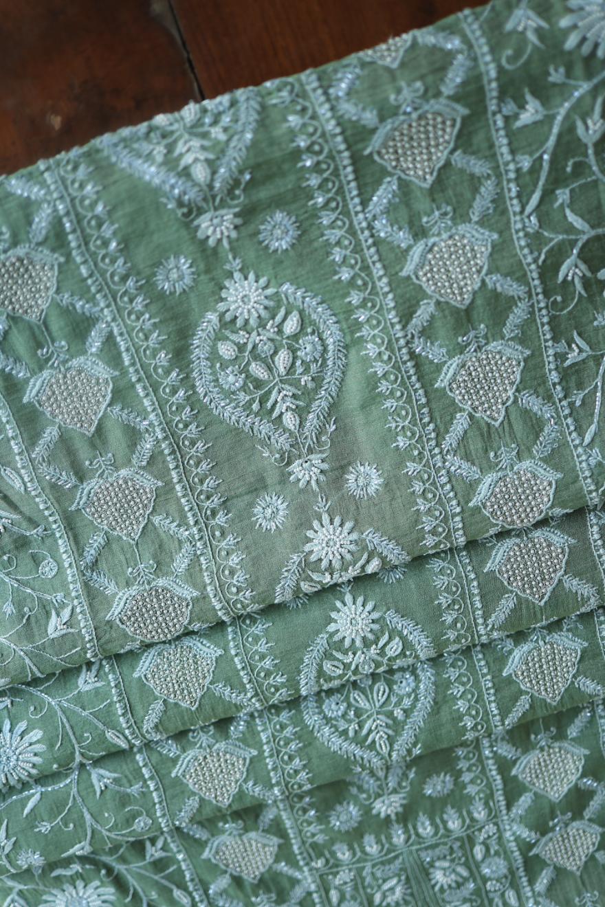 Greyish Teal Tissue Silk Chikankari Unstitched Fabric