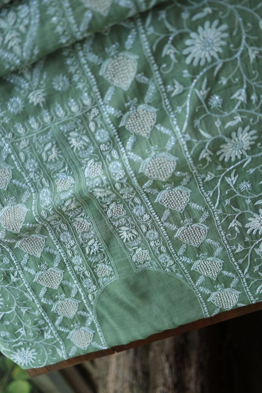Greyish Teal Tissue Silk Chikankari Unstitched Fabric