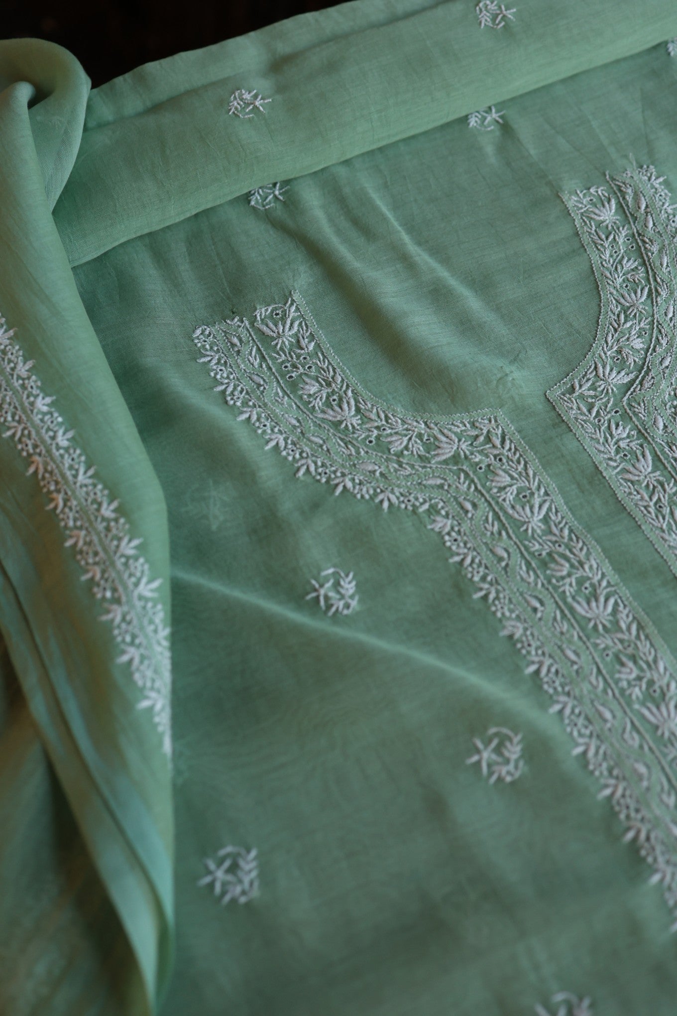 Hazel Green Shade Mulmul Chikankari Unstitched Men's Kurtas Fabric